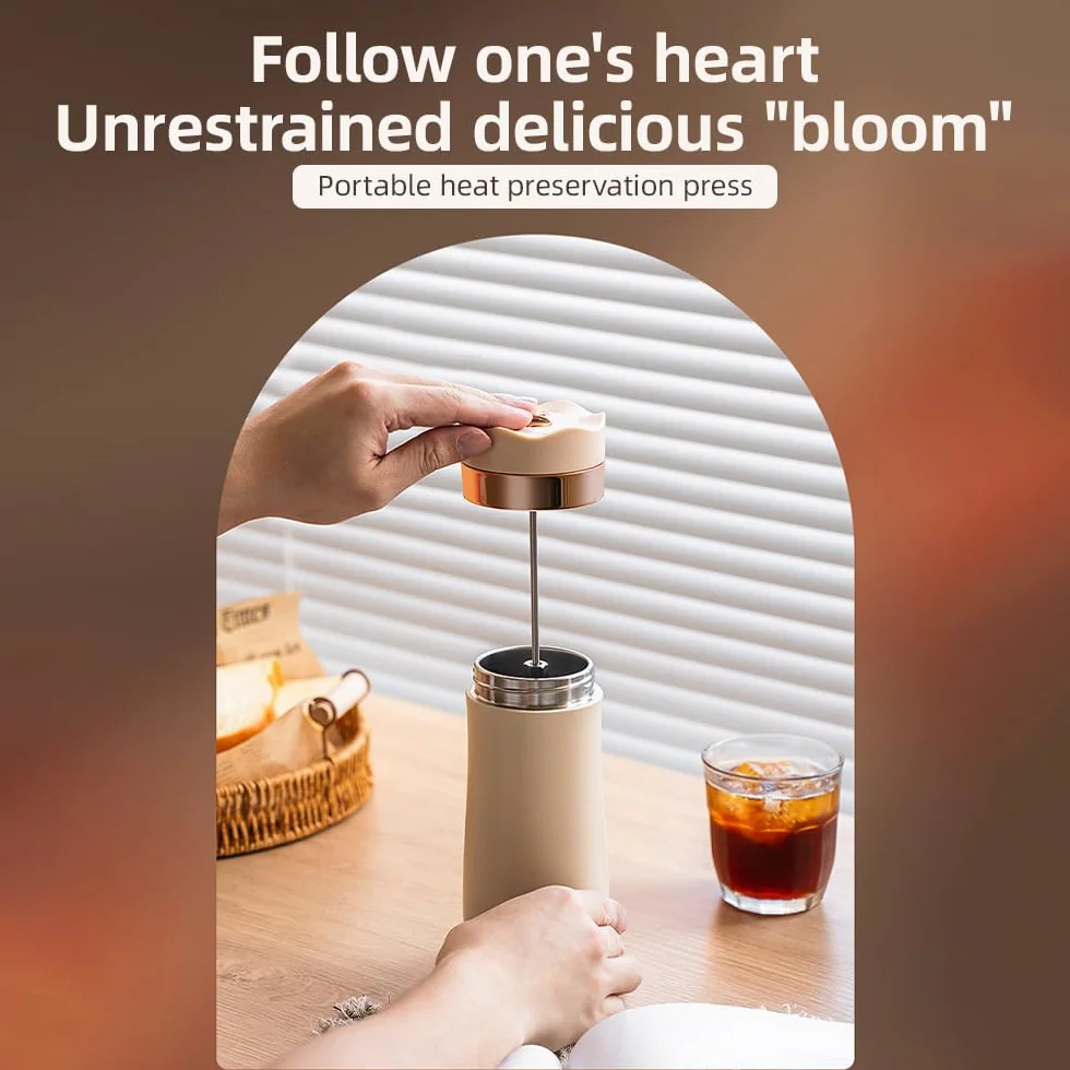 Taza de viaje portátil de acero inoxidable con aislamiento de prensa francesa, cafetera a prueba de fugas para café molido u hojas de té, ideal para preparar bebidas calientes o frías sobre la marcha