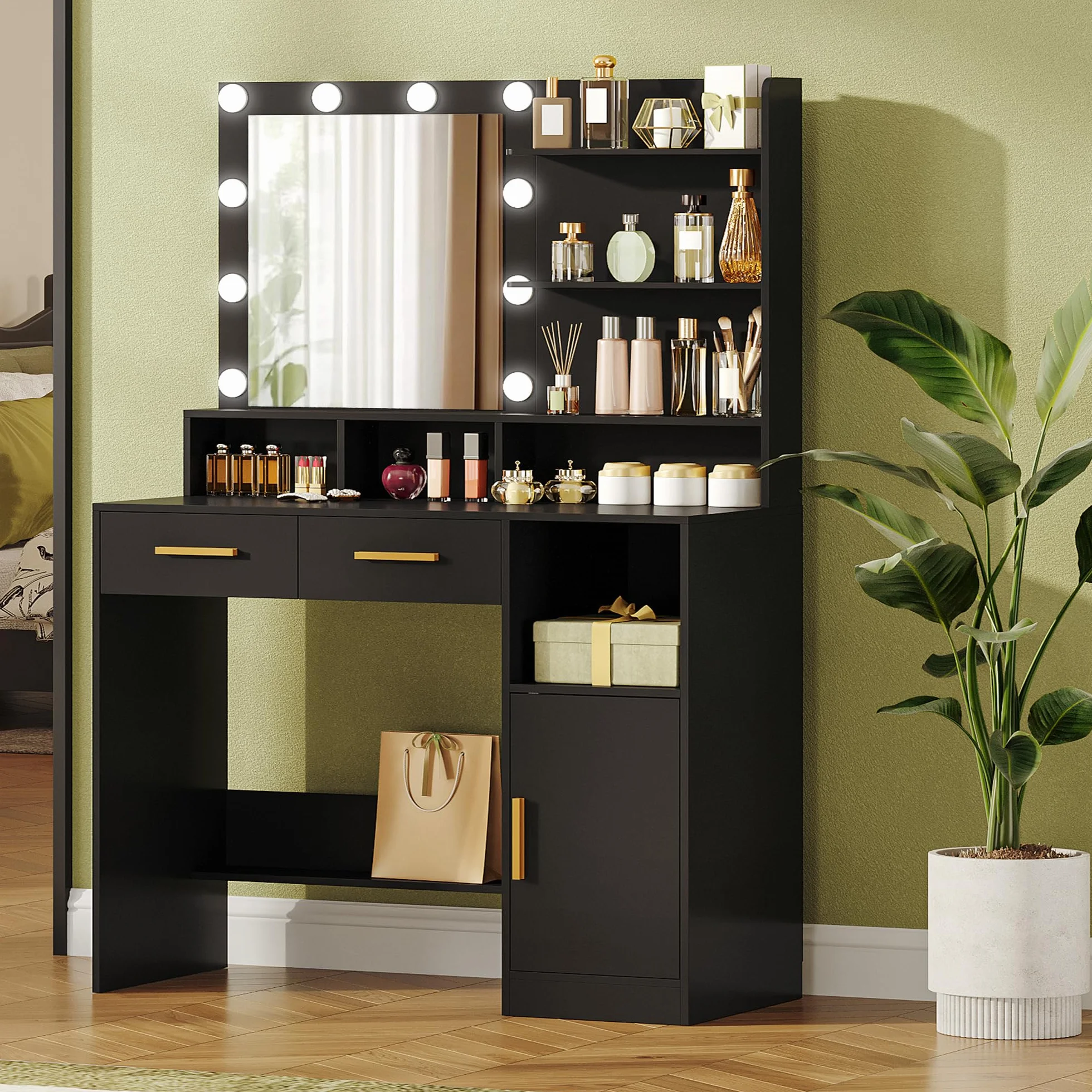 Hzuaneri Tocador, con Espejo y 10 LED Luz Regulable, Mesa de Maquillaje con 2 Cajón y 1 Armario, 3 Estantes y 4 Compartimentos Abiertos, Negro DT32506X