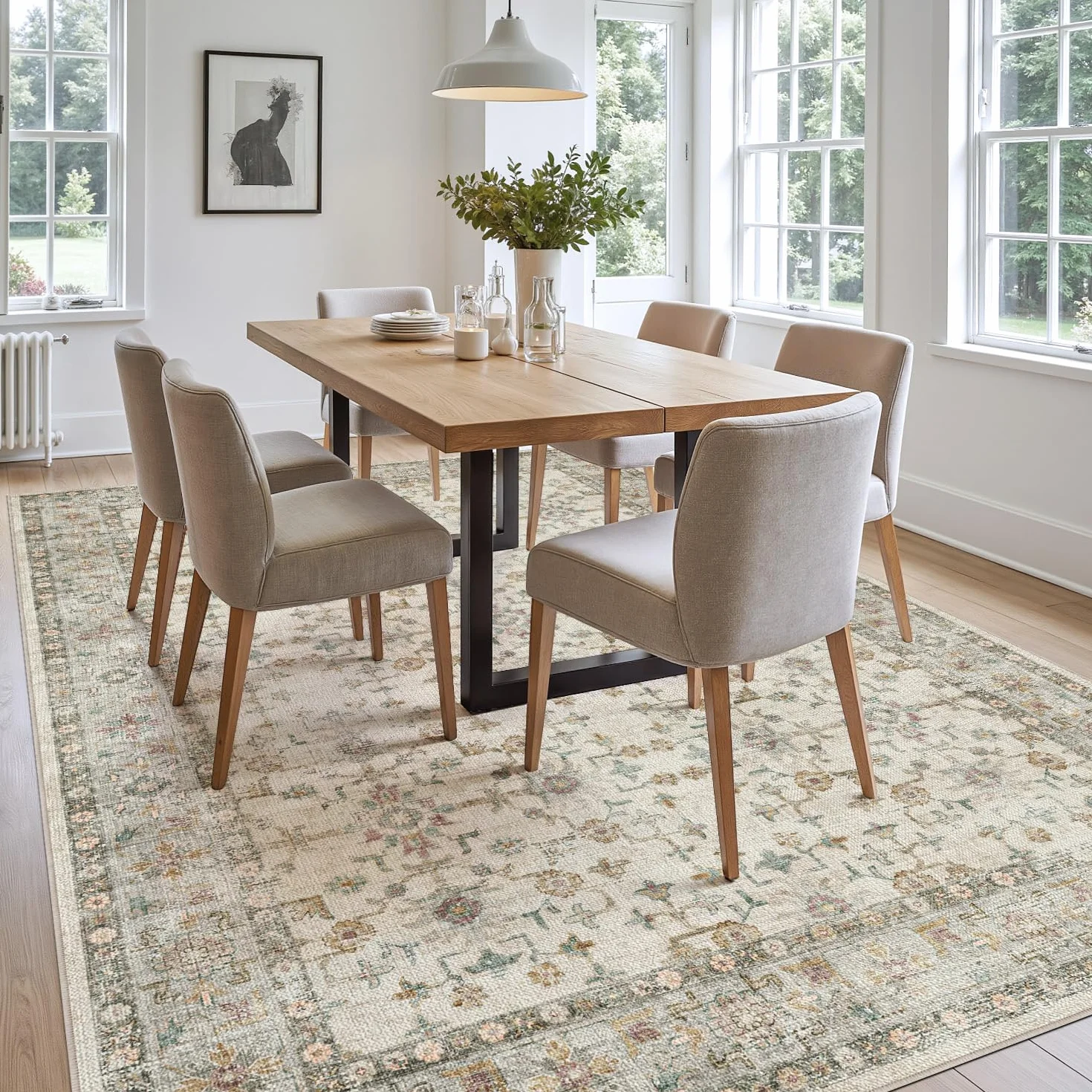DEXI Alfombra Salon 152 x 244 cm, Alfombras Dormitorio Pelo Corto Lavable, Suave y Cómoda, Diseño Floral Tapetes Decorativas para Sala de Estar, Habitación, Comedor, Beige