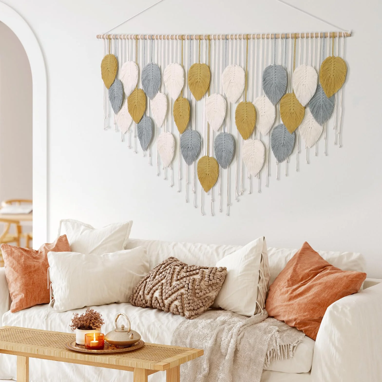 Weldomcor Macramé Tapiz Grande Tejido Tapiz Boho Macramé Hoja Decoración de Pared Pluma Chic Arte Tejido Para Dormitorio, Decoración de Salón, 130 cm Amarillo