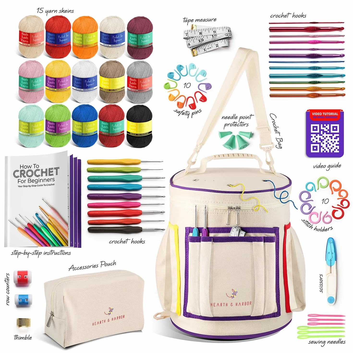 Kit de ganchillo para principiantes con hilo, kit de ganchillo para principiantes para adultos y niños, 21 ganchos, bolsa de kit de tejer, instrucciones paso a paso tutoriales en video, además de