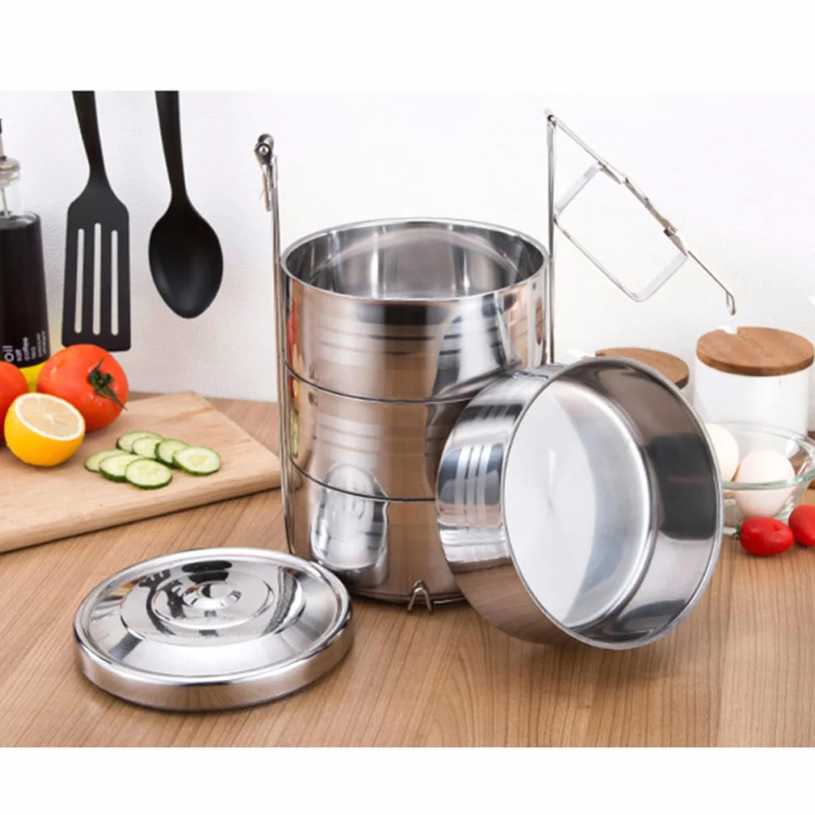 VILLCASE Fiambrera de Acero Inoxidable 4 Niveles, Caja de Almuerzo Térmica que Conserva el Sabor Original y Separa Alimentos, Adecuado para Picnic y Trabajo