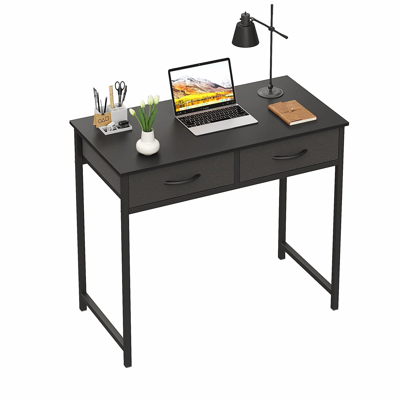 WOHOMO Escritorio pequeño para computadora con cajones, escritorio negro de 31.5 pulgadas con almacenamiento, escritorios de computadora de oficina en casa para espacios pequeños, mesa de estudio de