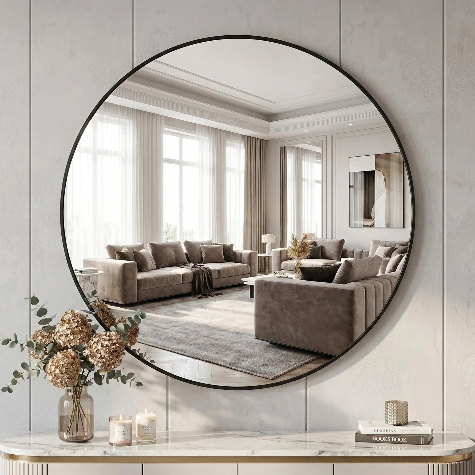 BEAUTYPEAK - Espejo redondo de 90 cm, espejo de pared irrompible con marco de aluminio, espejo de baño para colgar y apoyar, espejo de pared redondo para dormitorio, baño, sala de estar