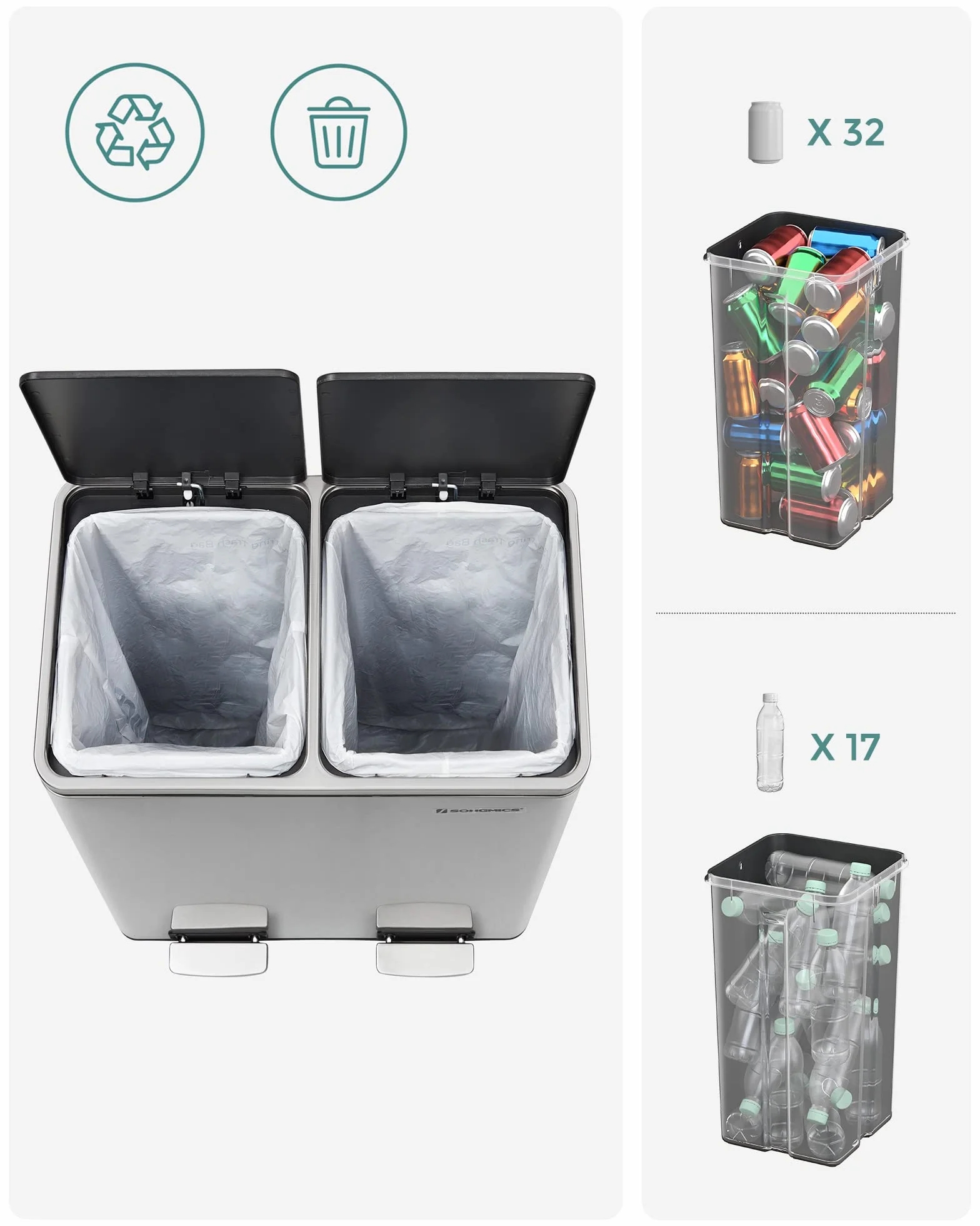 SONGMICS Cubo de basura, sistema de separación de residuos con 2 compartimentos, cubo de basura para cocina, 2 x 24 L, cierre suave, con pedales y asas, color plateado LTB48NL