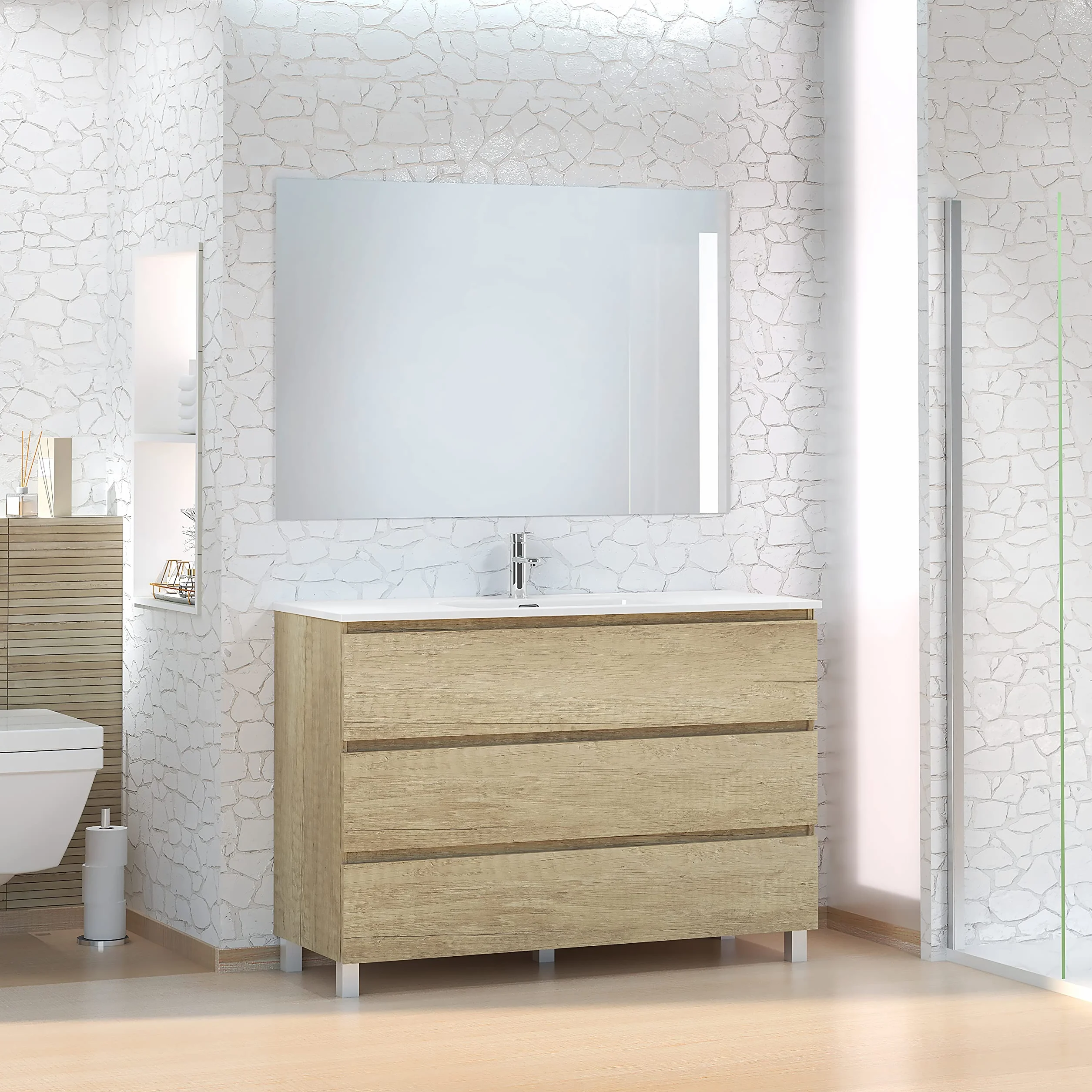 Baikal Conjunto de Mueble de Baño Neo con Espejo Luna Lisa, 3 Cajones, Melamina 16mm, Montado