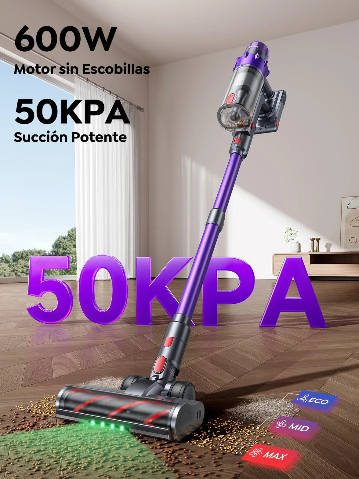 Mejorada VAC02 Aspiradora sin Cable Vertical 50KPA 600W 65Min ECO Cepillo Anti-Enredo Luz Verde