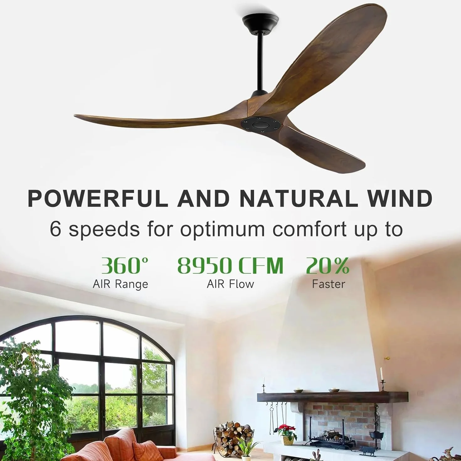 Ventilador de techo de madera sin luz/Función verano-invierno/Temporizador 1/4/8h / 6 velocidades/Ventilador de techo de bajo consumo para interiores y exteriores, Ø152 cm (60 pulgadas)