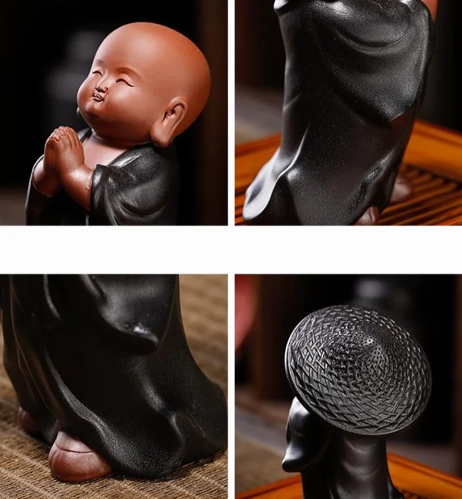 Infusor de té de malla fina de cerámica, infusor para té suelto, colador de malla fina, estatua de monje pequeño, decoración de mesa de té, filtro de té A01