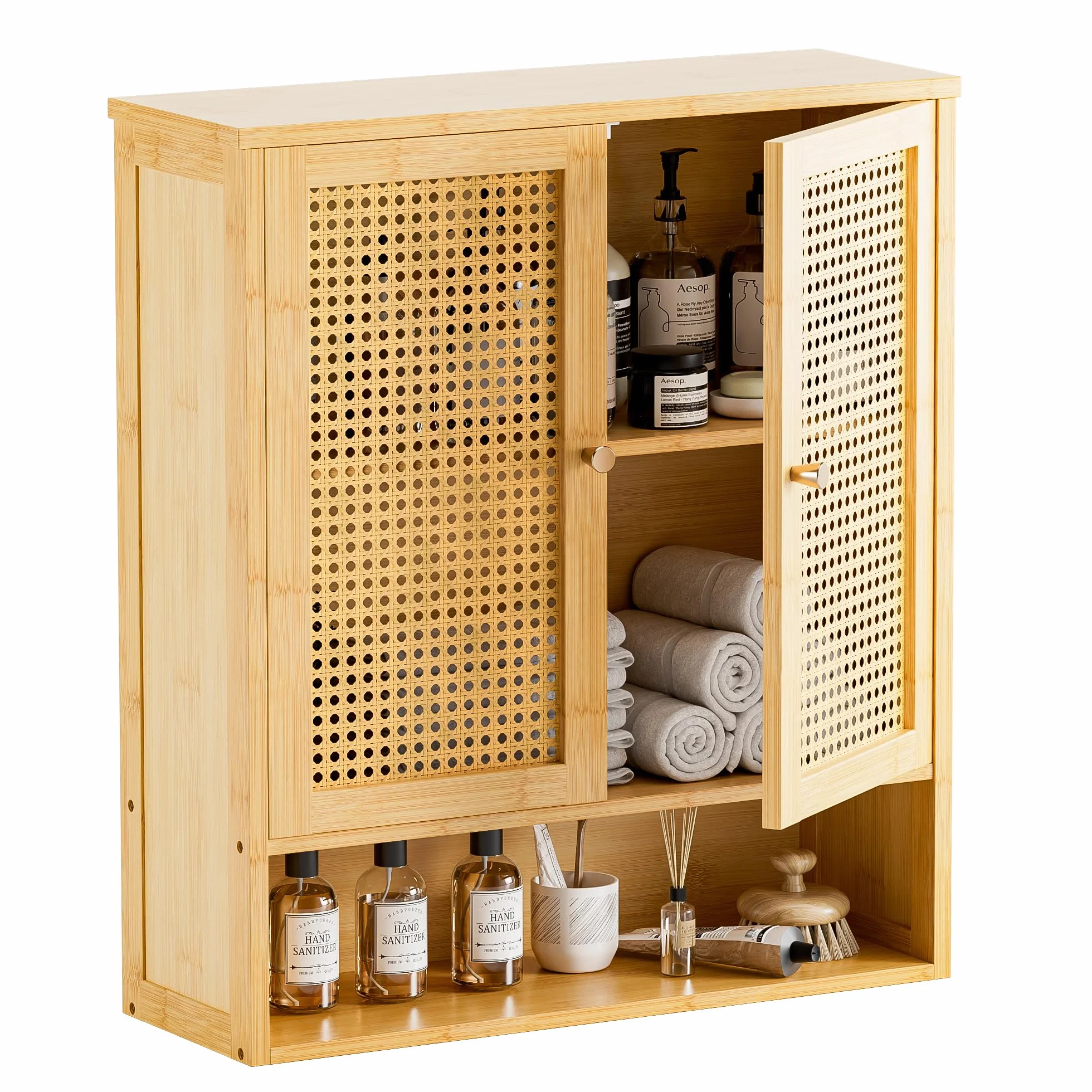 HITNET Armario Baño Pared en Ratán, Mueble Colgante de Bambú, Gabinete de Almacenamiento Suspendido con Doble Puerta y Estantes Ajustables, para Salón, Pasillo y Cocina, Color Natural