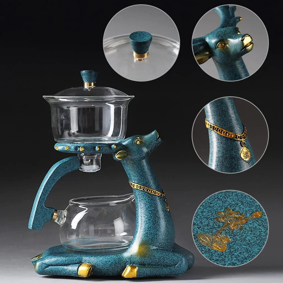 RORA - Juego de té de cristal resistente al calor Kungfu con calefacción magnética, tapa giratoria, cuenco perezoso semiautomático de vidrio de ciervo (tetera con 6 tazas)