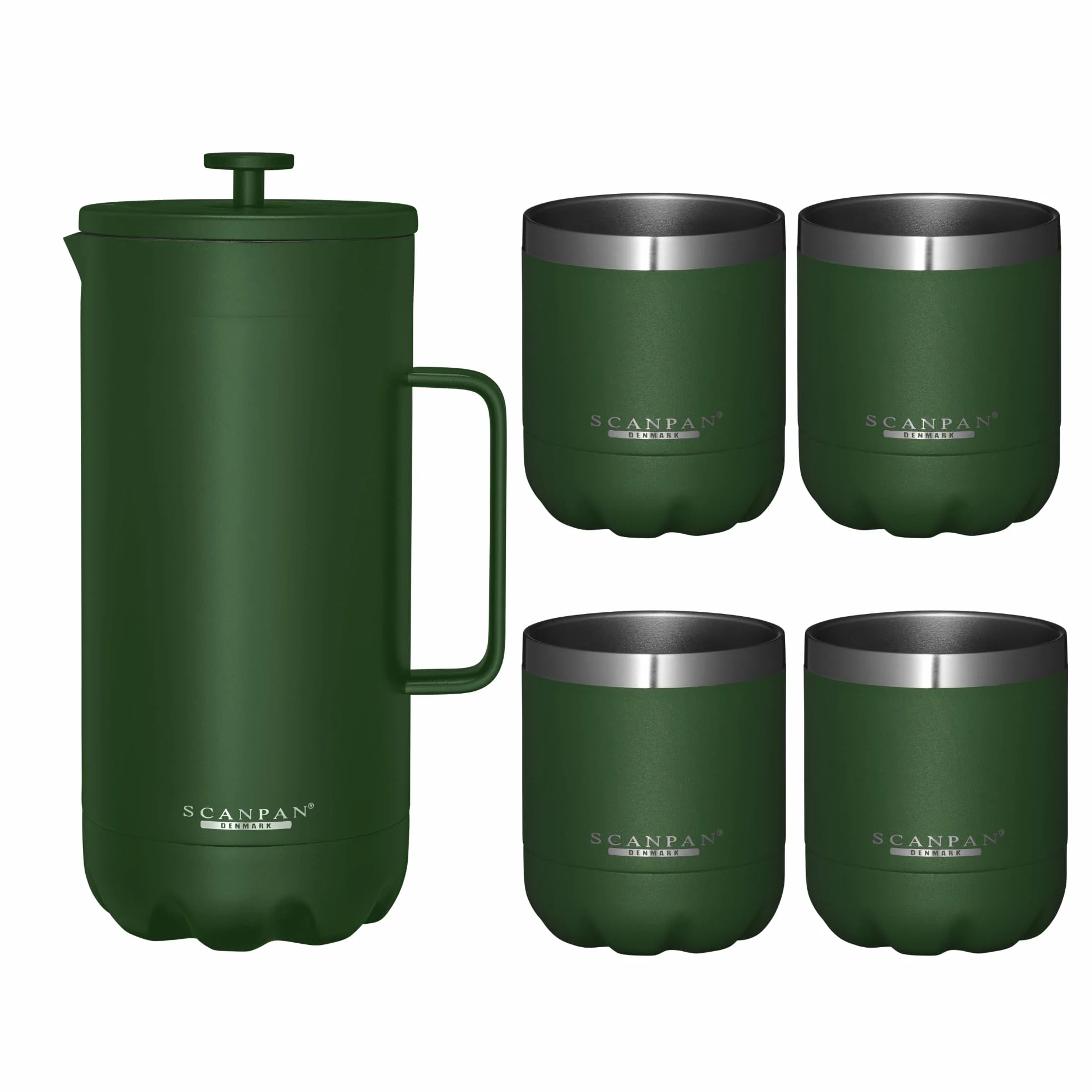 Scanpan TO GO - Cafetera de prensa francesa de 1,0 L (verde bosque) + 4 tazas de vacío de 250 ml (verde bosque) - Acero inoxidable 18/8 de grado alimenticio - Revestimiento antiarañazos - Apto para