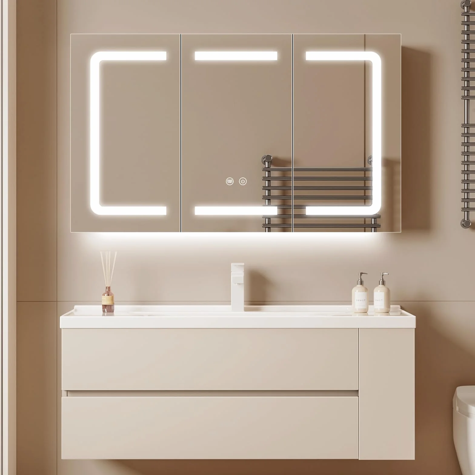 Armario de Baño con Espejo con Luz LED 100x60 cm, Gabinete de Espejo de baño de iluminación LED con Enchufe para Afeitadoras, Estantes Ajustables, 3 Colores, Brillo Ajustable
