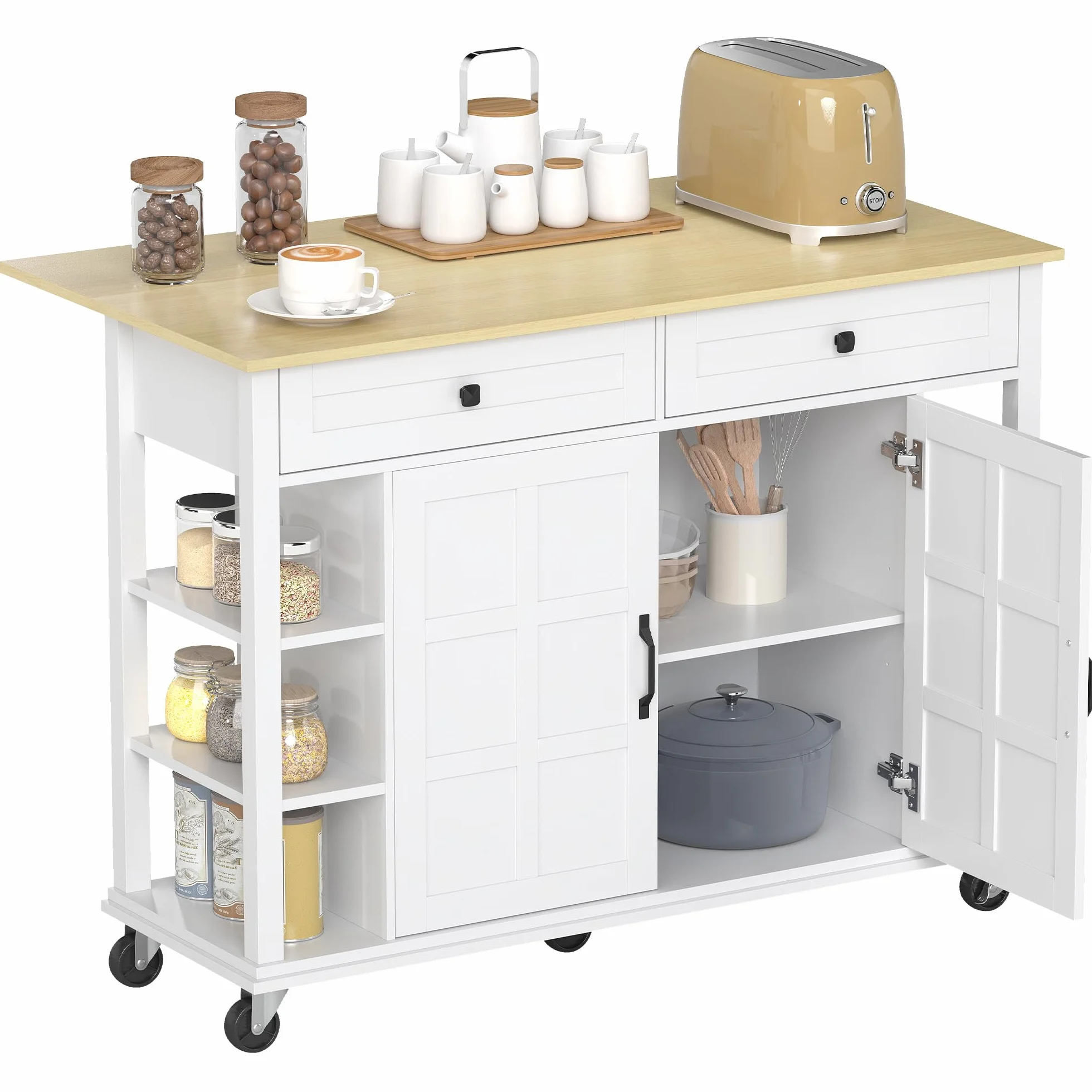 HOMCOM Isla de Cocina con Ruedas, Encimera Plegable, Carro de Cocina con 2 Puertas con Cierre Suave, 2 Cajones, 6 Estantes Abiertos, Blanco