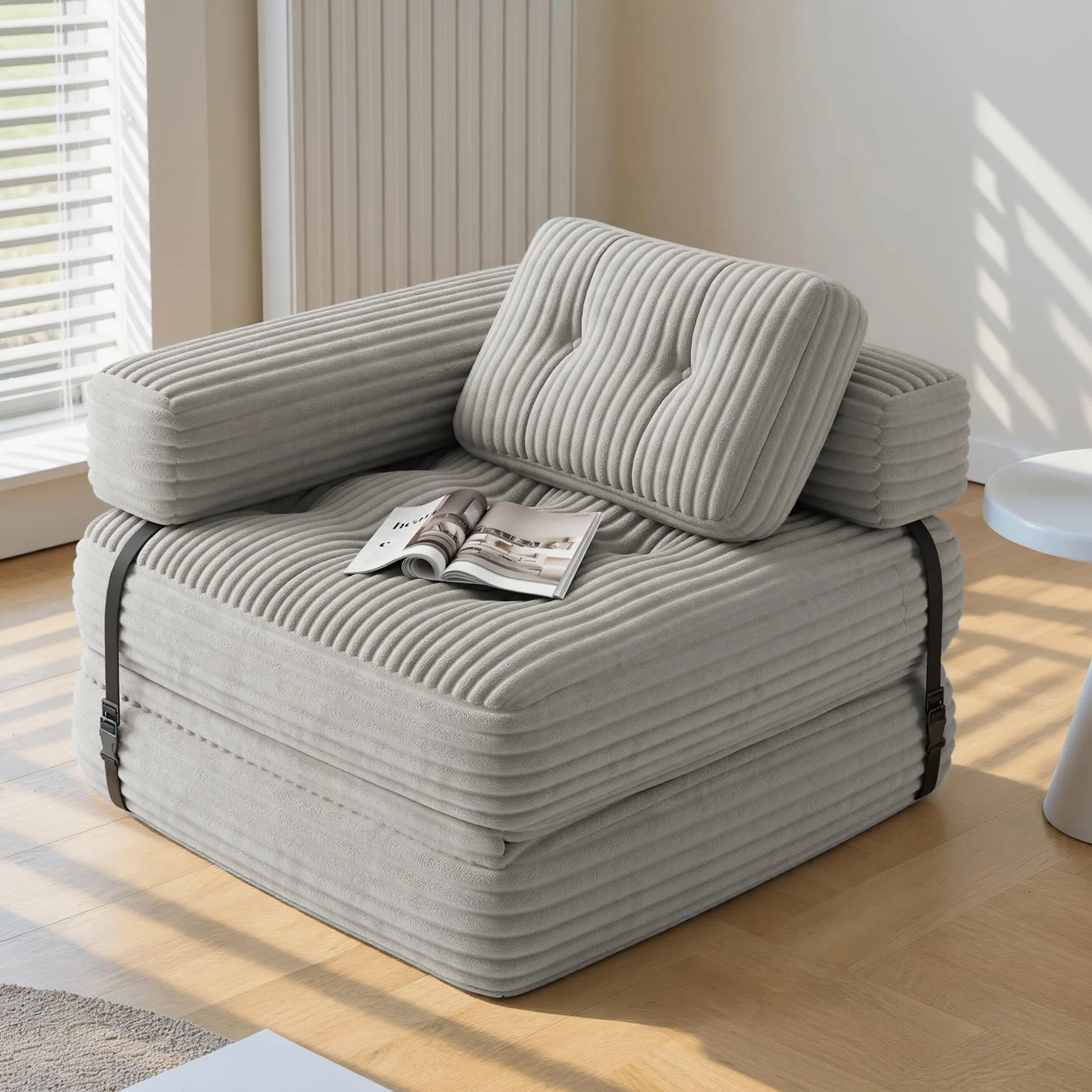 Xbro Sofá Cama Plegable con Reposabrazos en L, Sillón Convertible en Cama 2 en 1 Portátil para Espacios Pequeños, Tela de Pana con Relleno de Espuma, 170 x 85 cm Desplegado (Gris Claro)