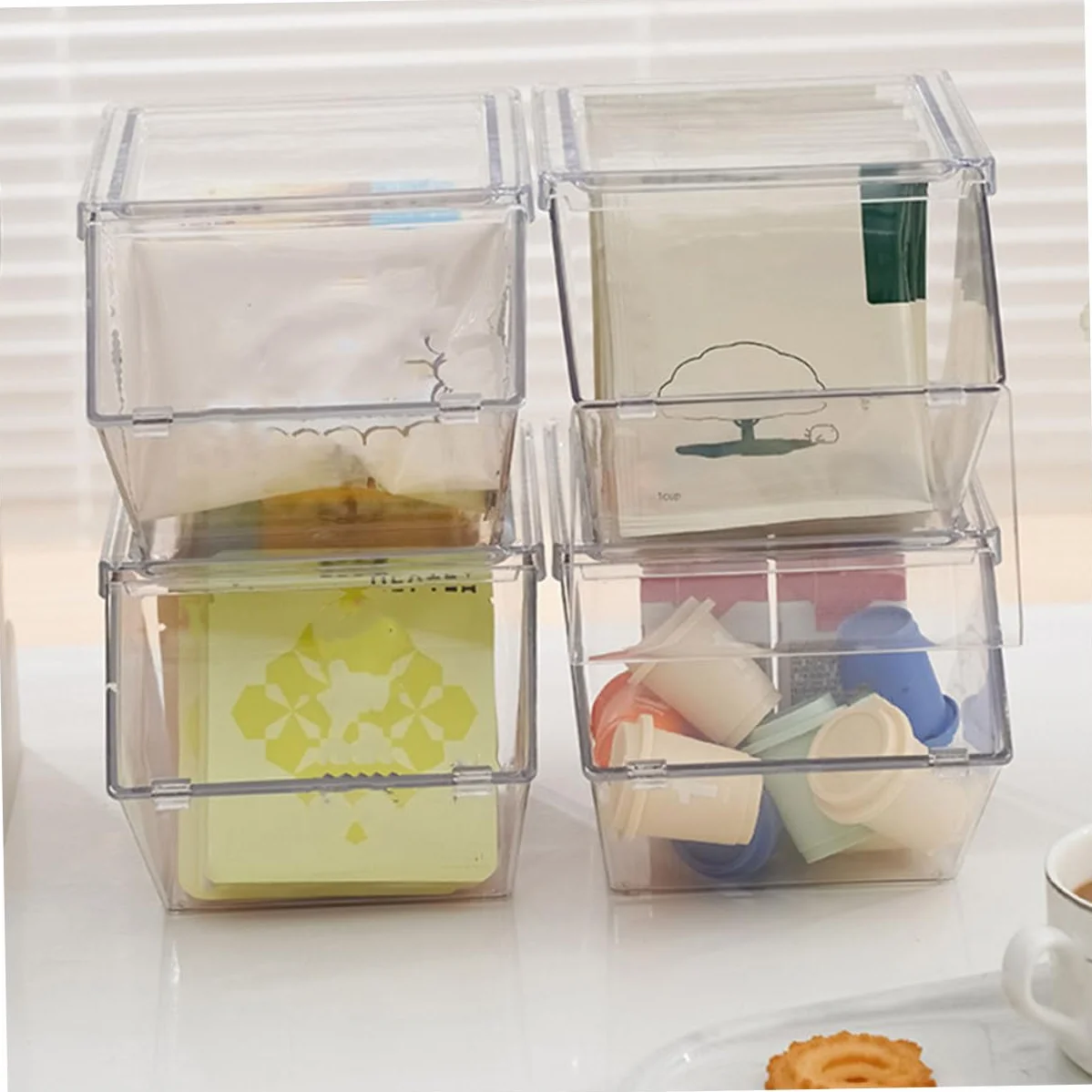 Organizador Acrílico de Sobremesa para Bolsitas de Té 4 Piezas | Set de Cuatro Unidades, Superficie Lisa, Decoración para Encimera, Estilo Simple y Aspecto Generoso