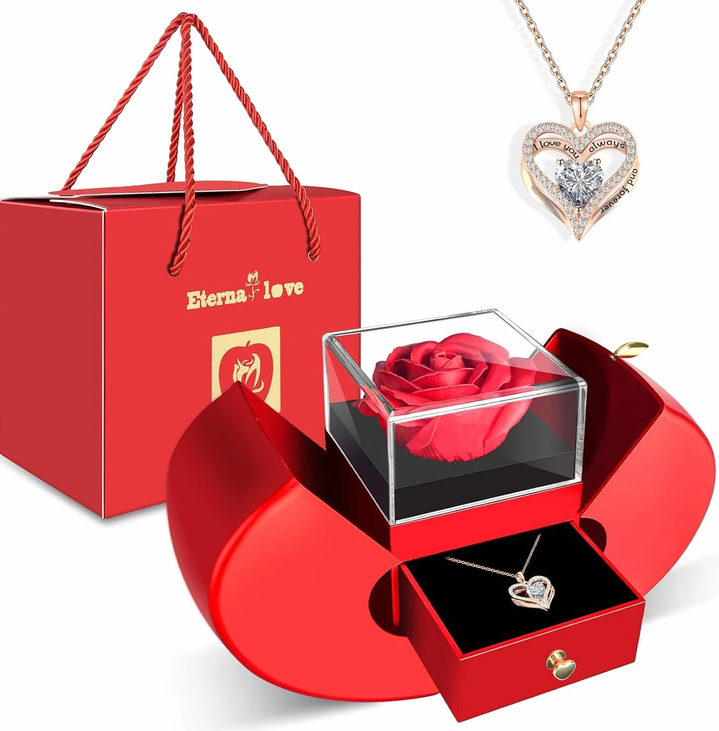 Collar de rosa eterna con corazón regalo para mujer madre