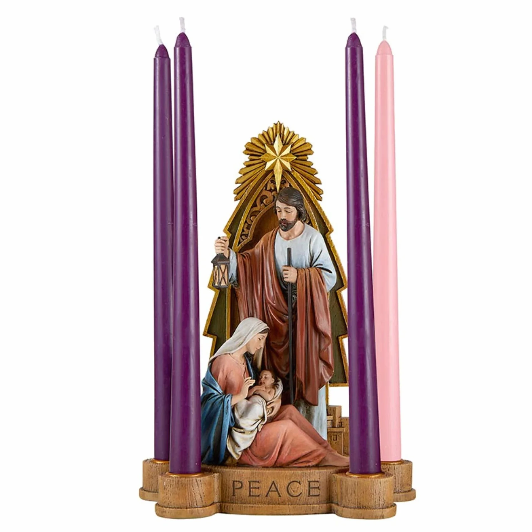 Good News - Portavelas de Adviento de la Sagrada Familia con Escrituras grabadas, figura religiosa de Navidad para interiores, decoraciones de Navidad para el hogar, 10.75 pulgadas