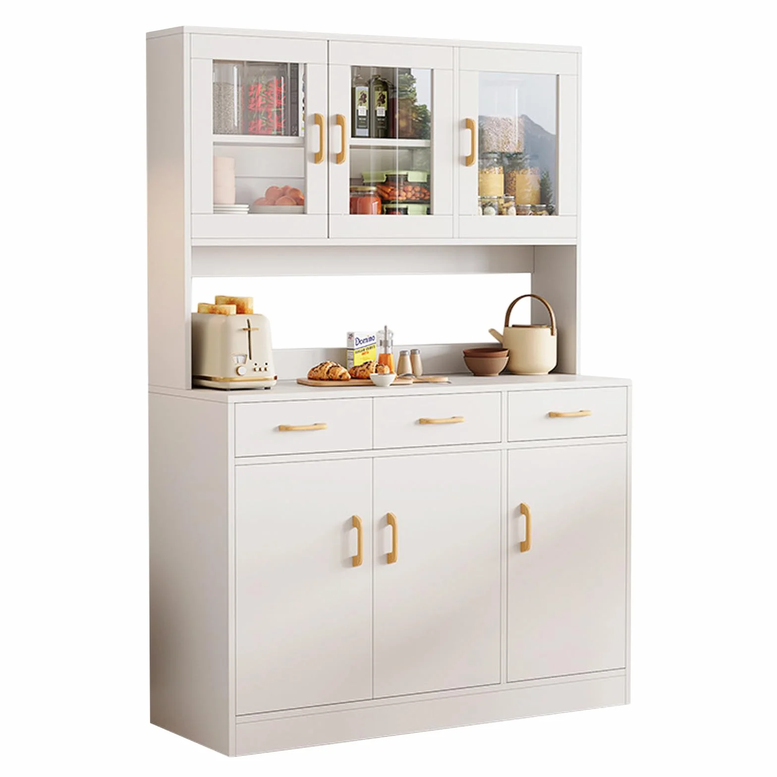 Armario de Cocina de 170 cm, Armario Alto de Madera, Aparador, Armario Multiusos con Cajones y Puerta de Cristal, Comedor, Baño, Oficina, Trastero, Blanco