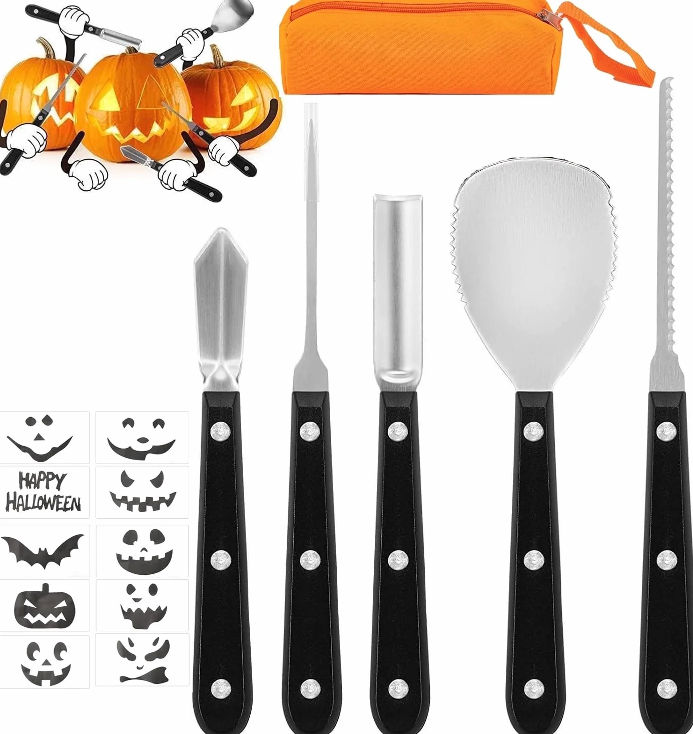 YUET Kit de talla de calabaza de Halloween, 5 piezas herramientas de talla para decoraciones de Halloween (negro)