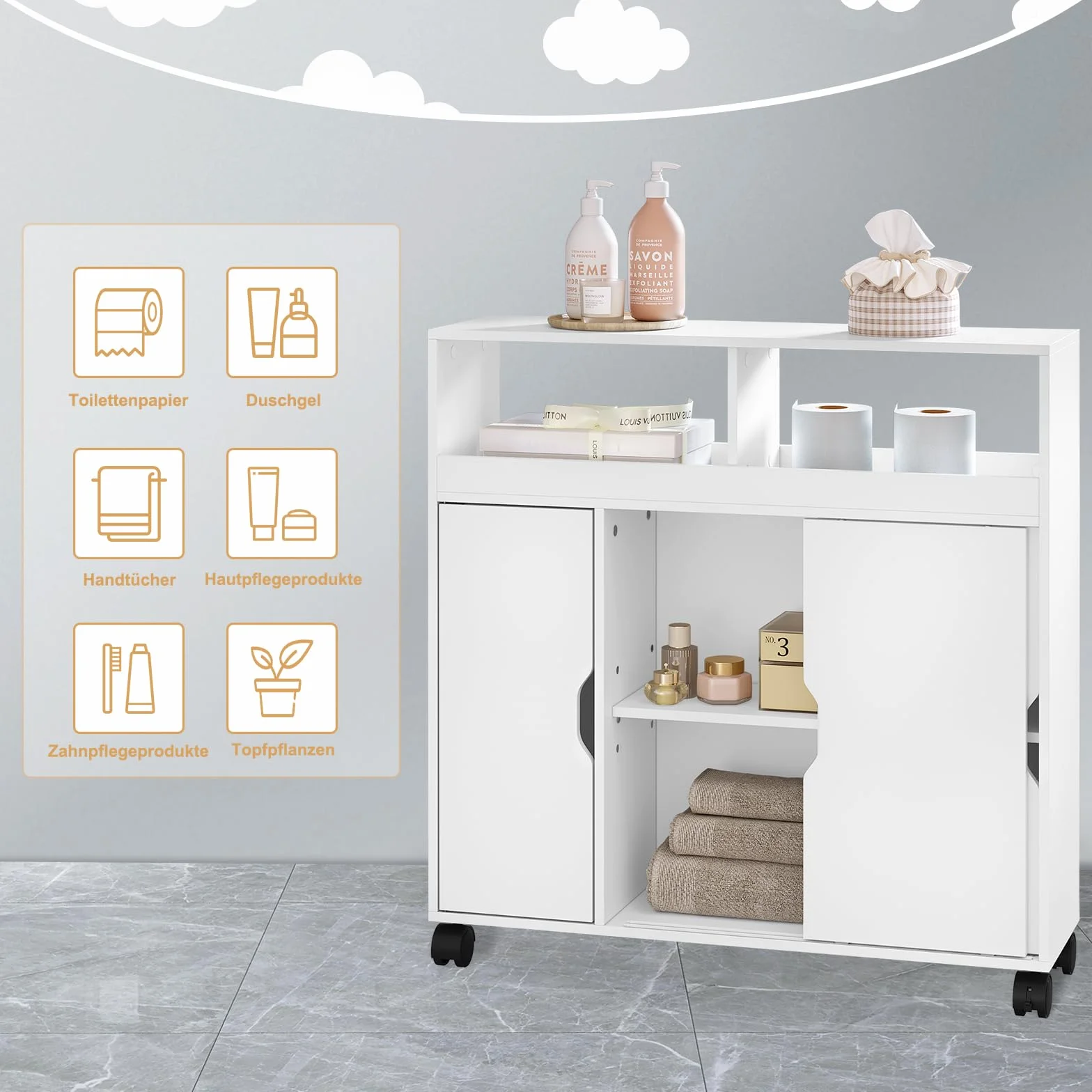 EUGAD Carrito de Almacenamiento, Armario de Baño con Ruedas, Estantería Multifuncional, Carrito de Cocina, Mueble Auxiliar Baño, Ahorro Espacio, Blanco, 70x20x71,5 cm