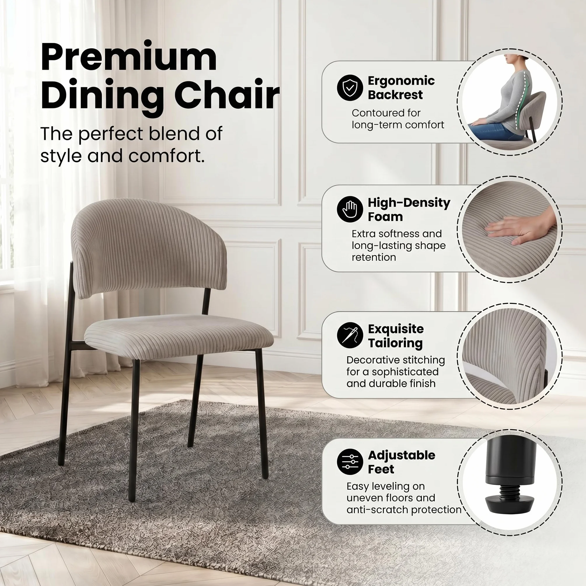 JIEXI Juego de 4 mesas de Comedor Redondas Extensibles, 110-150 cm, Acabado de Roble MDF, 4 sillas de Pana, Estilo Moderno y contemporáneo para Comedor y Cocina