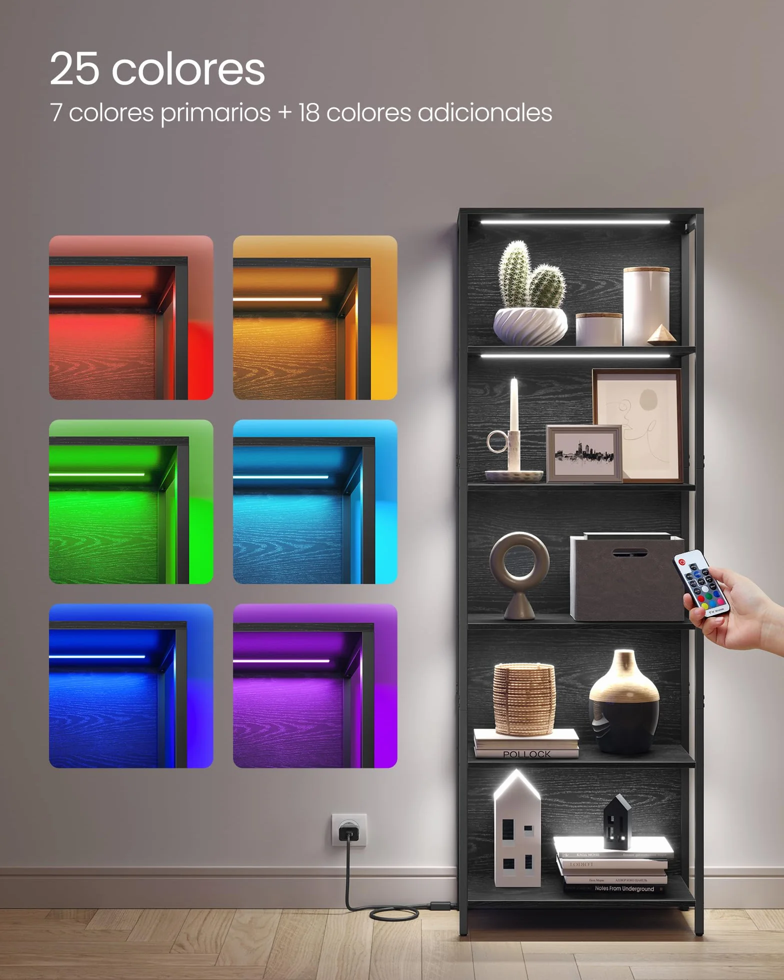 VASAGLE Estantería de 6 Niveles con Luz LED, Librería con Luces Ajustables, Marco de Acero, 30,3 x 60 x 178,6 cm, para Sala de Estar, Dormitorio, Oficina, Negro Ébano LLS120B57