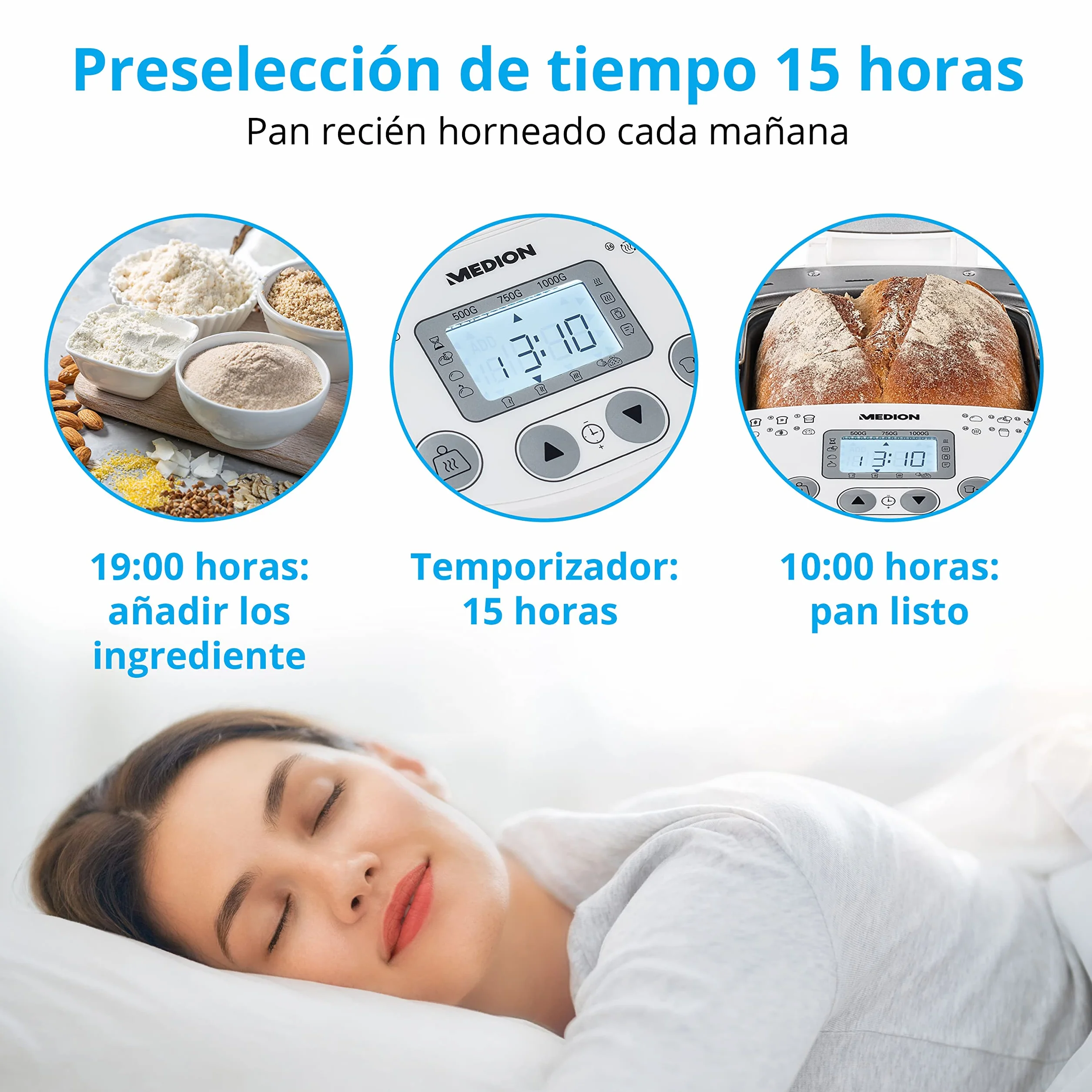 MEDION Amasadora de pan (MD11011) 550W, robot de cocina para preparar pan con capacidad para 1 kg, robot con 19 programas, 3 niveles de tostado y conservación del calor