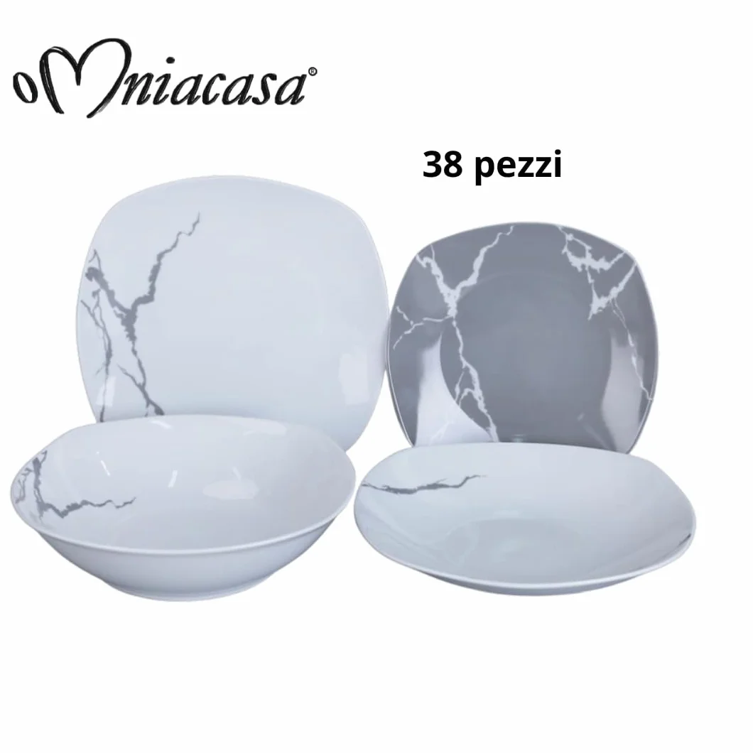 Vajilla de 38 piezas para 12 personas | Resistente porcelana blanca y gris, diseño moderno marmolado, elegante refinado, uso diario, ocasiones especiales, lavable en lavavajillas
