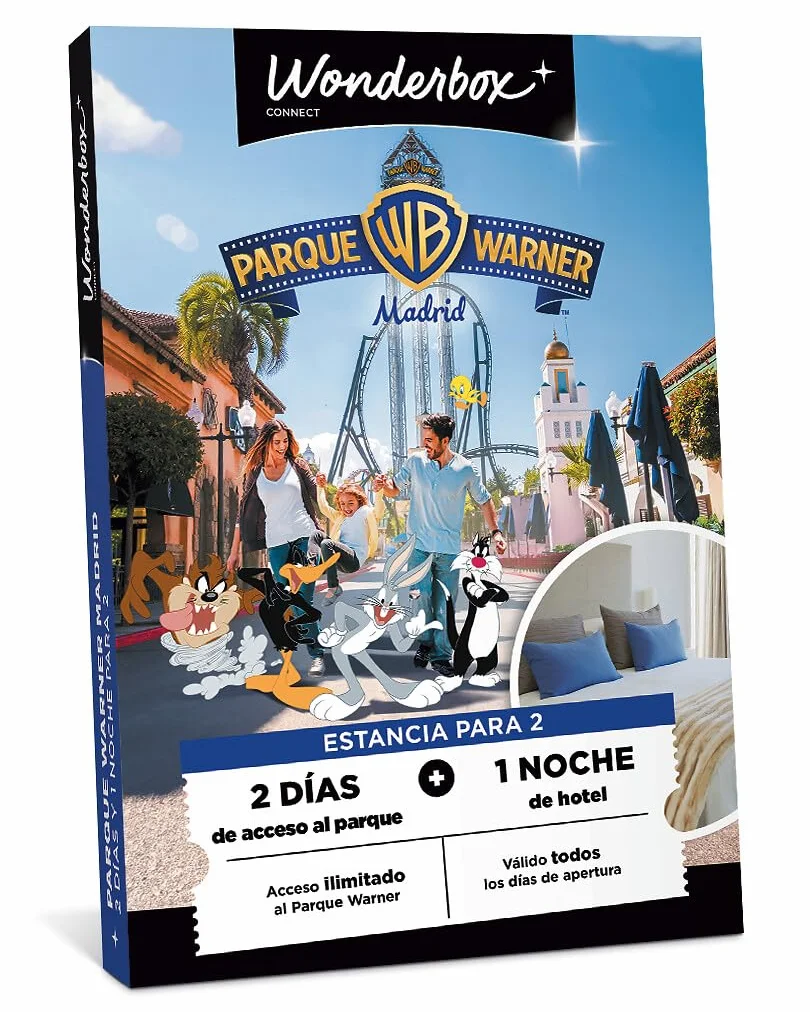 WONDERBOX Connect - Caja Regalo - Warner Parque Estancia - para 2 pers. | 2 entradas para 2 días - 1 noche en un hotel cerca del parque para 2 - Válido durante 27 meses