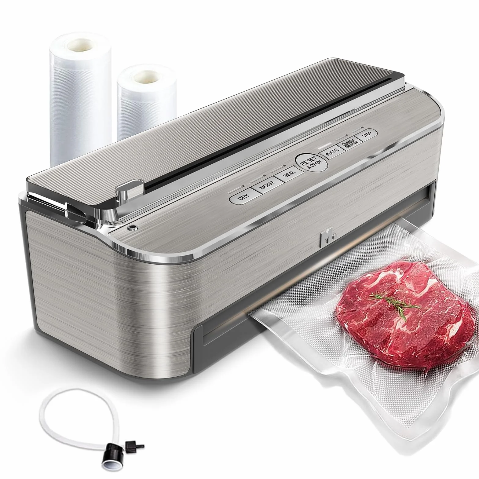 Mesliese 85kPa 120W Envasadora al Vacio, Sellador Automático de Alimentos, Cortador Incorporado | Almacenamiento de Bolsas | Modo Húmedo | 2 Rollos de Bolsas (Acero inoxidable)