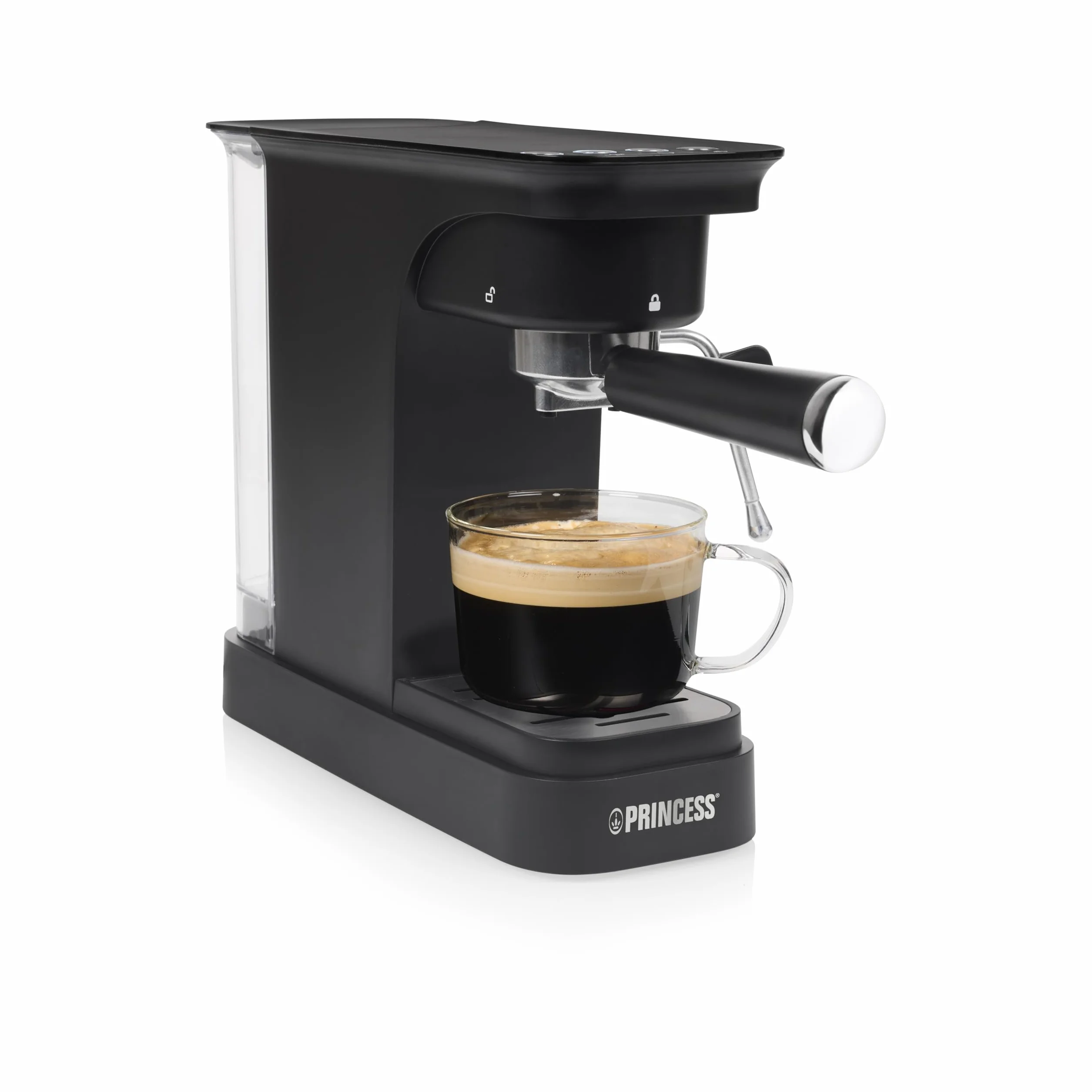 Princess Espresso Machine, Bomba de 20 Bar, Depósito de Agua de 0,8 l, Para Café Molido y Cápsulas ESE, Diseño Compacto, Negro, 01.249421.01.001