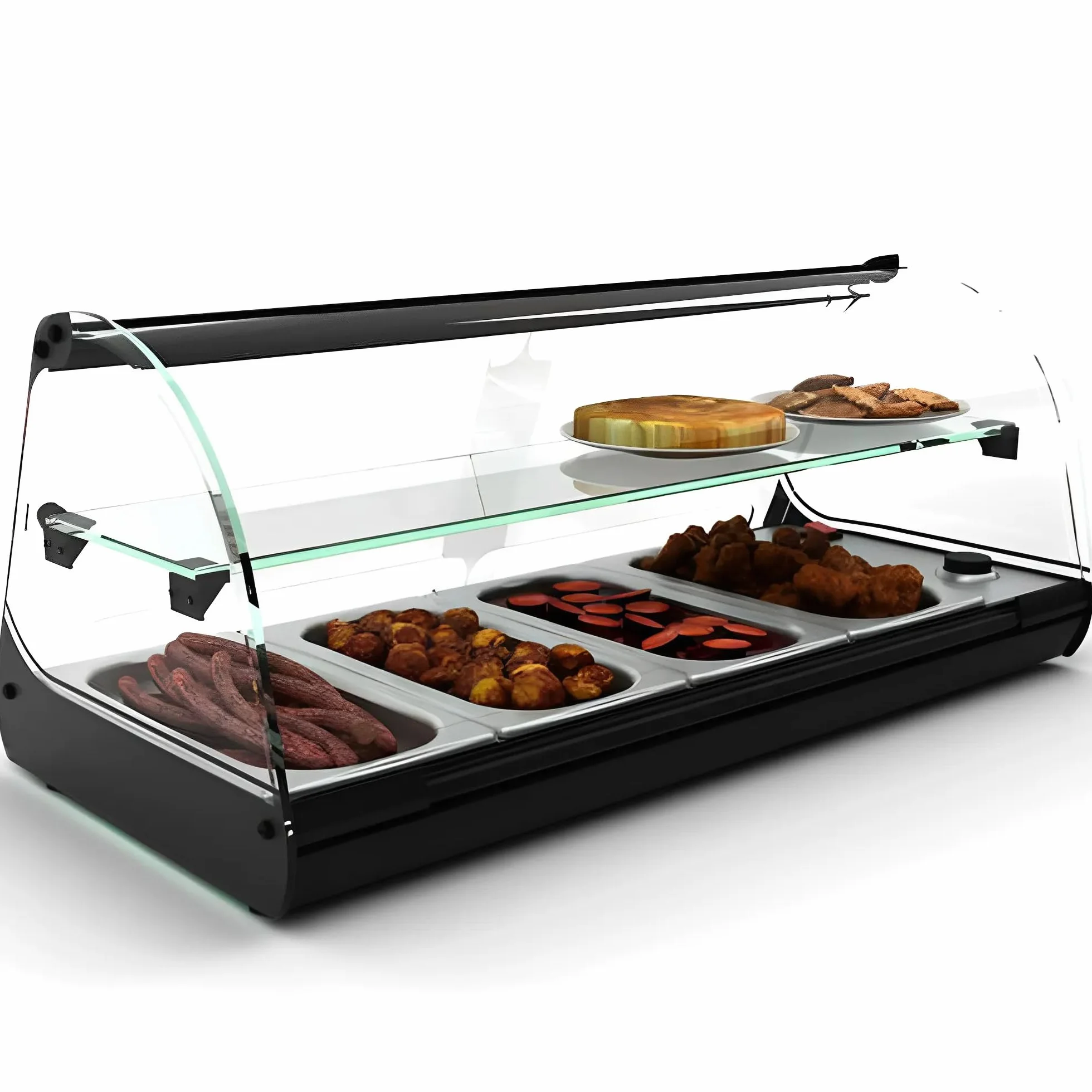 MBH - Vitrina calienta tapas 2 pisos 4 bandejas al baño maría para hostelería. Vitrina expositora de tapas calientes sobre mostrador con 1 estrante para bar y restaurante.