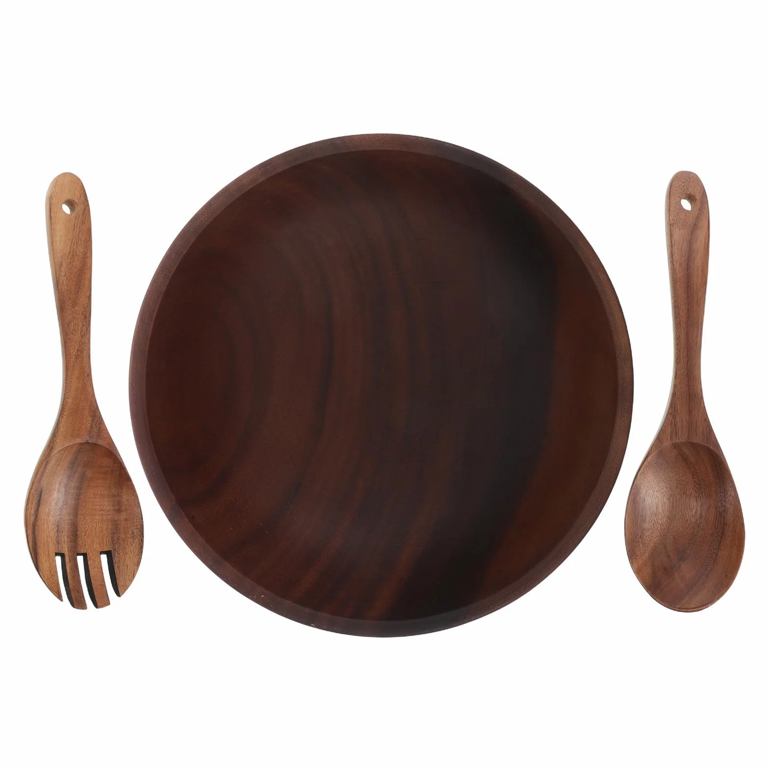 KALLORY Juego de Boles para Ensalada de Madera de Acacia 2, 5 L Redondo | Incluye Tenedor y Cuchara, Color Marrón, Acabado Liso Artesanal, para Reuniones Familiares y Ocasiones Obsequios