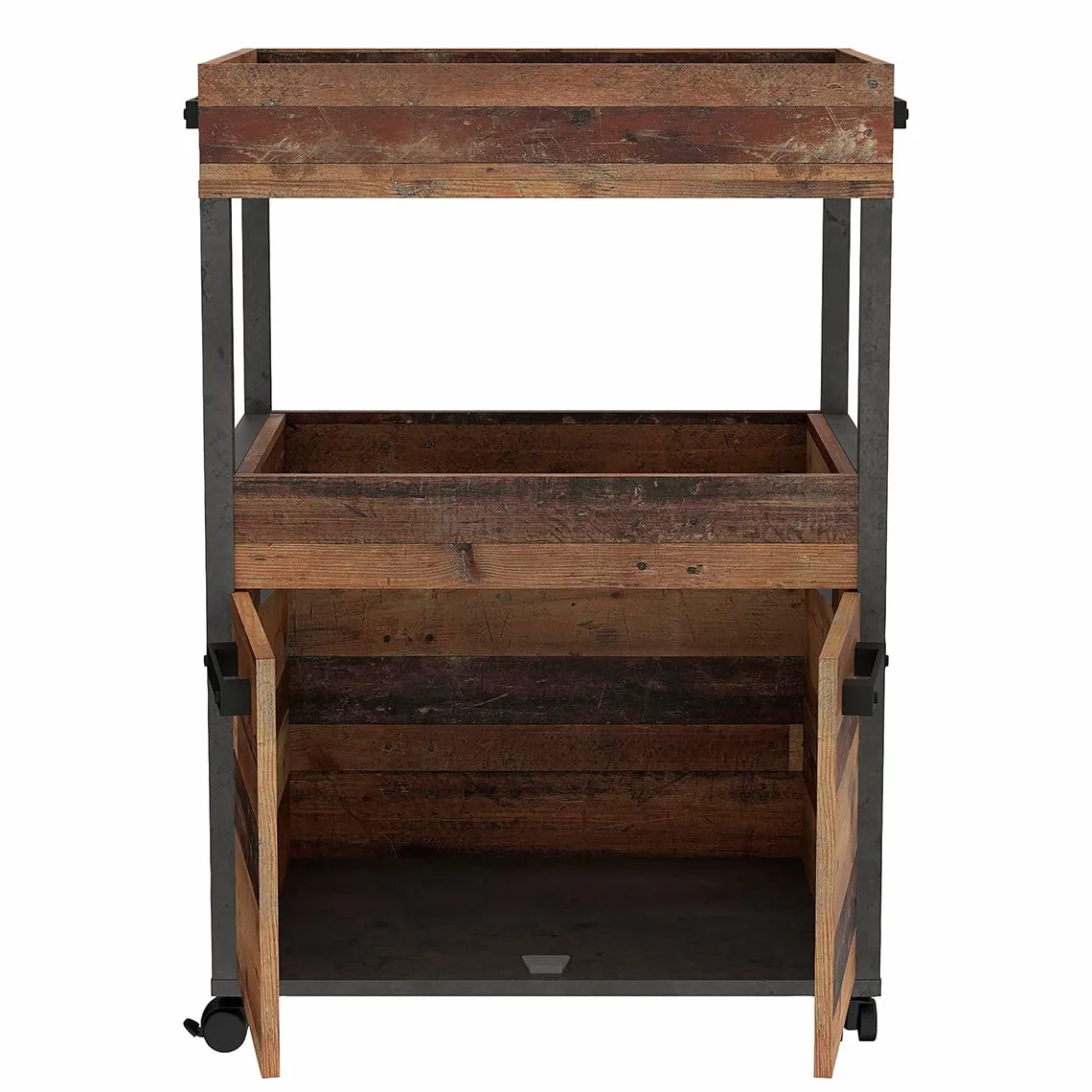 Benji - Mueble bar con 2 puertas y 2 bandejas de almacenamiento, patas sobre ruedas, madera antigua, hormigón oscuro