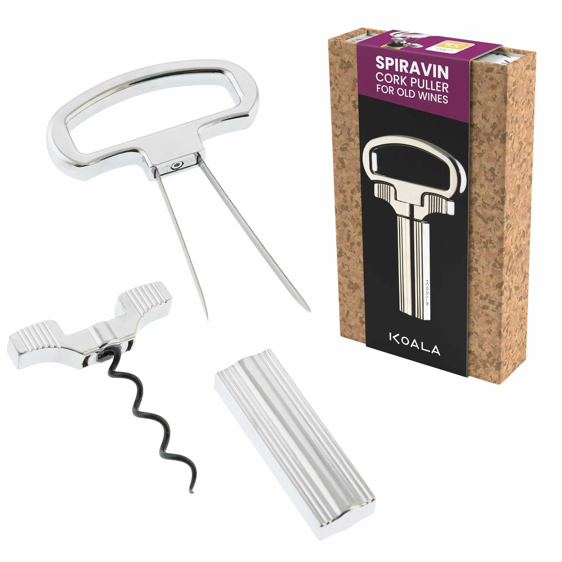 KOALA Sacacorchos Profesional para Vinos Antiguos, Extrae Corchos Frágiles sin Romperlos, Sistema de Láminas y Espiral de Precisión, Acero Inoxidable