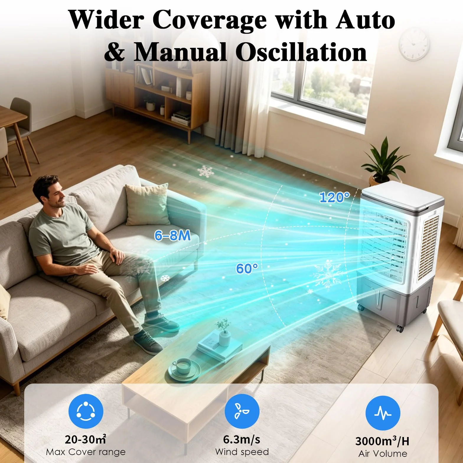 Climatizador Evaporativo 30L, Ventilador de Agua con Mando a Distancia y Acumuladores de Hielo, Potente Flujo de Aire, Enfriador Evaporativo Portátil para Grandes Espacios, Salón y Garaje