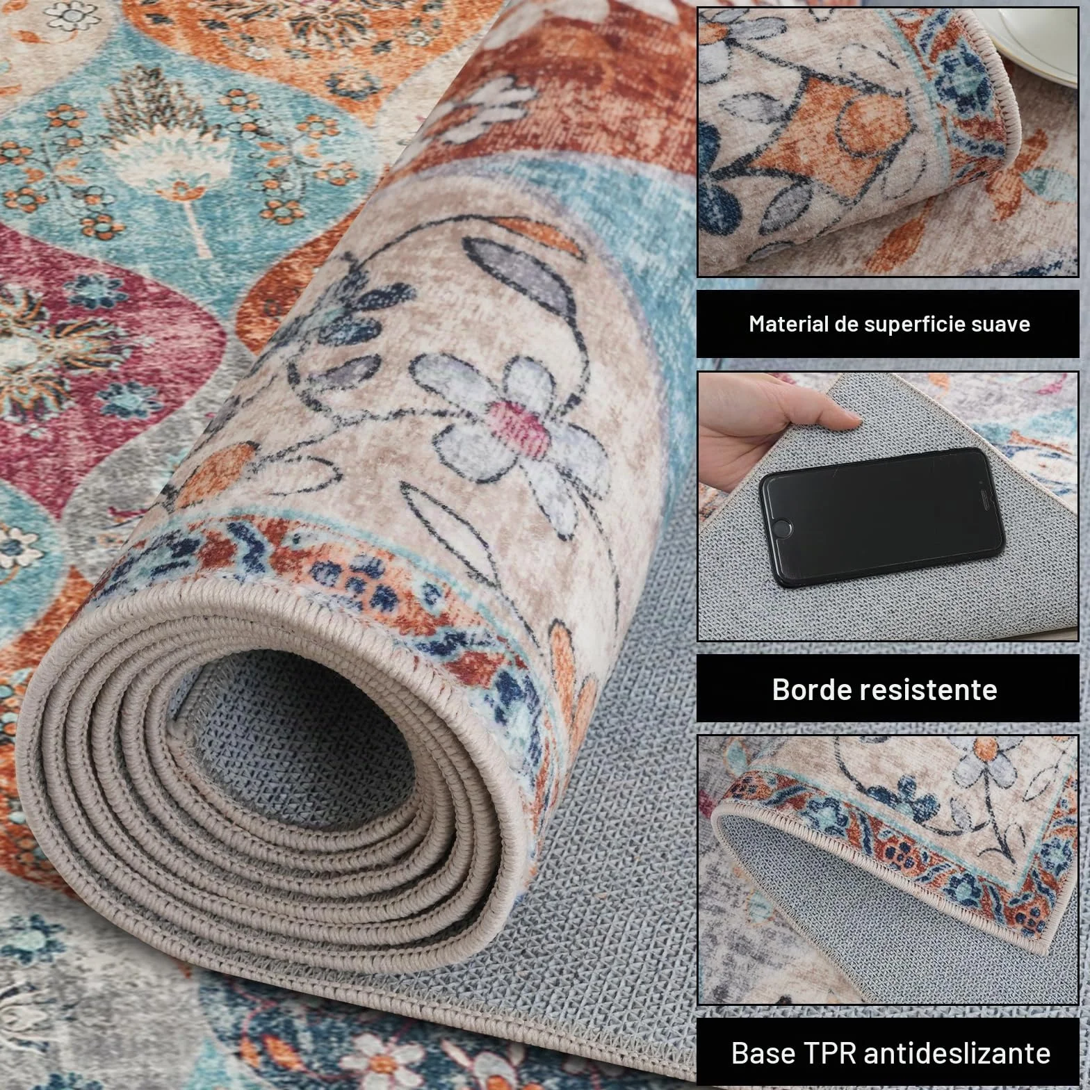 Xfrog Alfombra Bohemia con Flores, Antideslizante, Lavable, ultrasuave, Antigua, de Pelo bajo, para salón, Dormitorio, habitación Infantil - 160 x 230 cm