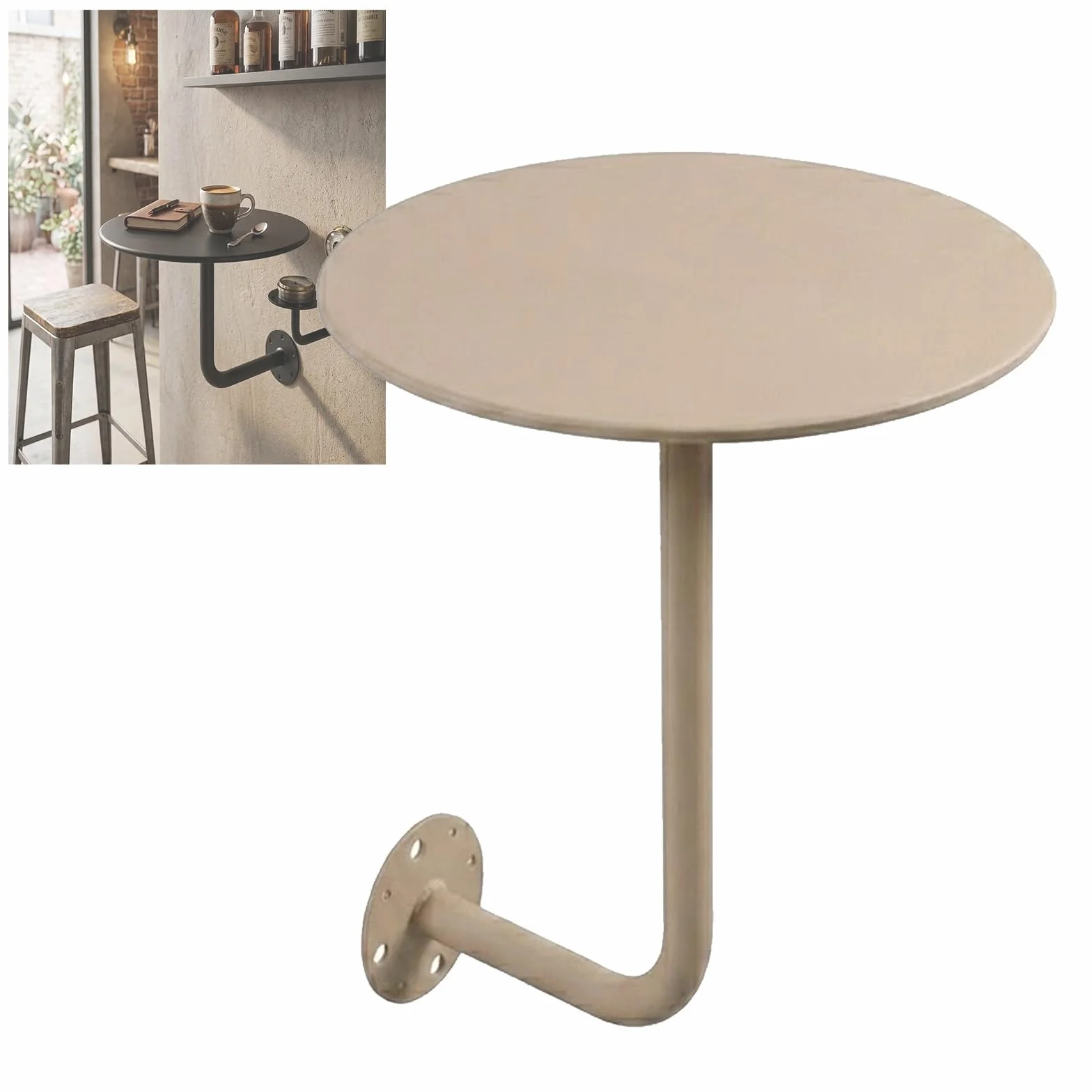 Mesa Flotante de Pared Redonda, Mesa Auxiliar de Hierro para Espacios Pequeños con Soporte en L, 30-50cm Escritorio Compacto de Pared, Mesa de Café y Bar Suspendida, Impermeable(Champagne,50cm)