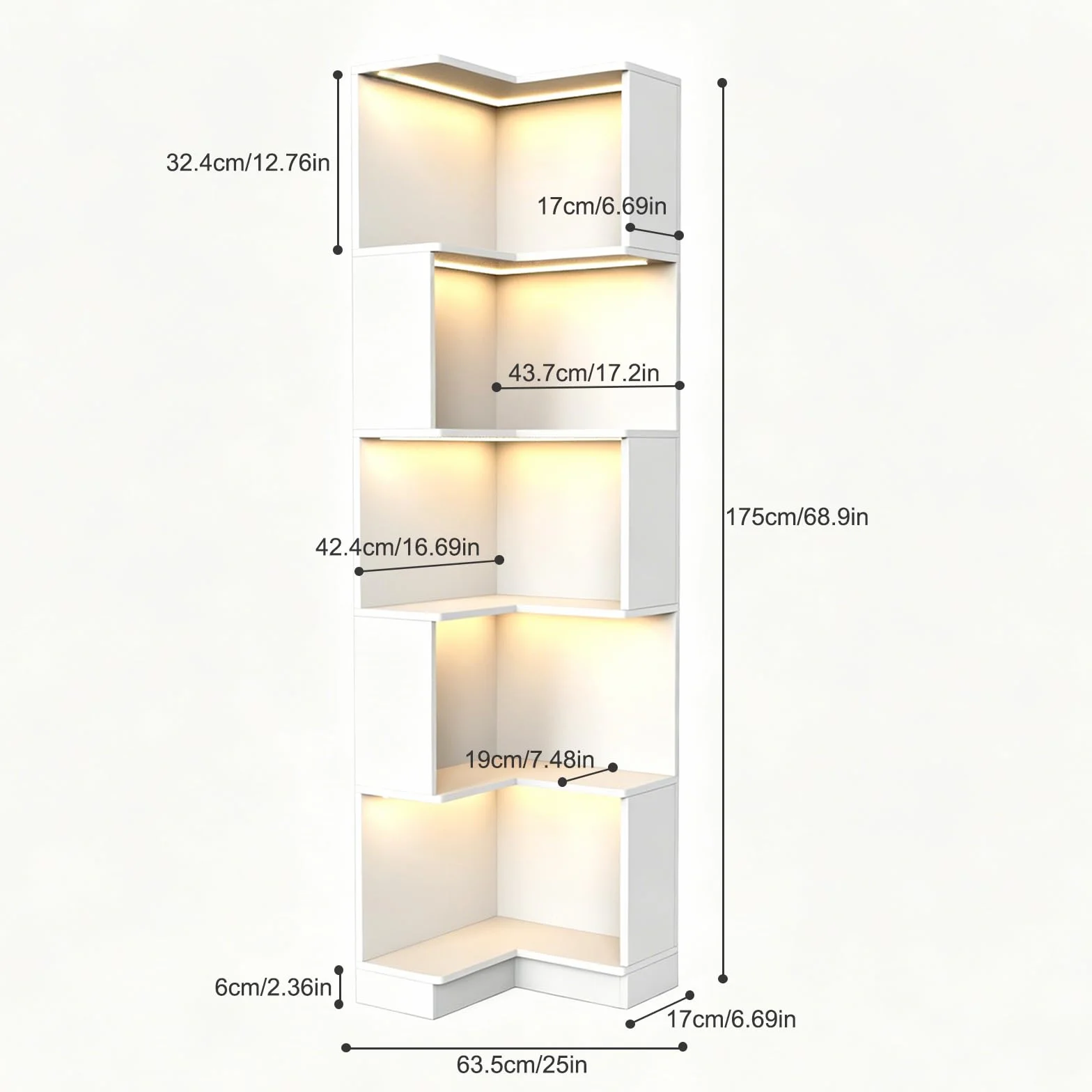 TWSOUL Estantería de Esquina con Luces LED RGB, Estante Esquinero Moderno de 5 Niveles (175cm Alto), Estantería Multifuncional de Madera en Forma de L para Decoración de Salón, Habitación, Blanco