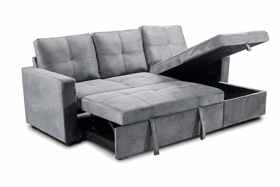 Sofá Cama Chaise Longue BOGA 3 Plazas Gris Terciopelo 215 x 135 cm - Cheslong Reversible con Arcón y Almacenamiento - Sistema de Arrastre - Tapizado Suave - Armazón Pino Macizo - Salón