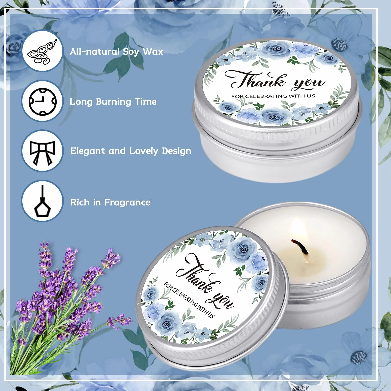 MTLEE 50 velas de boda, regalos para invitados, 1 onza, flores azules | Vela aromática de cera de soja con aroma a lavanda para despedida de soltera, regalos de fiesta de boda rústica, invitados