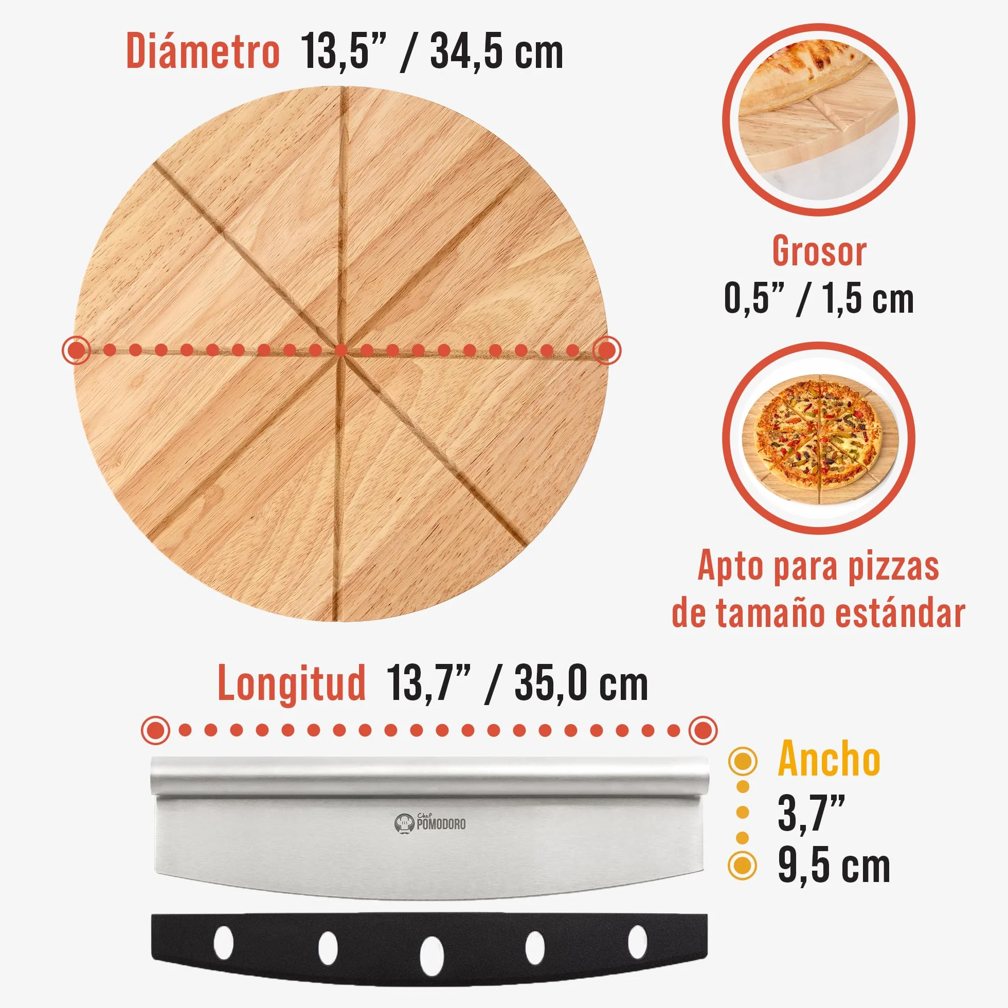 Chef Pomodoro Cortador de Pizza 14" Cuchilla Oscilante Acero Inoxidable Tabla Madera