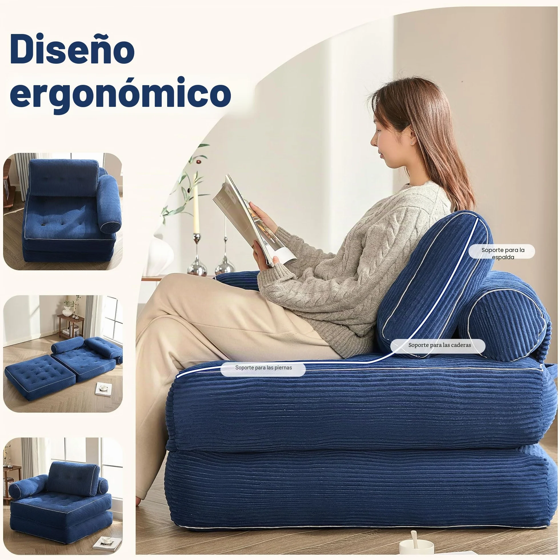 Sillón Cama Individual Plegable con Respaldo y Espuma viscoelástica, sofá de Suelo Tipo futón Convertible en colchón, Ideal para salón, Dormitorio u Oficina
