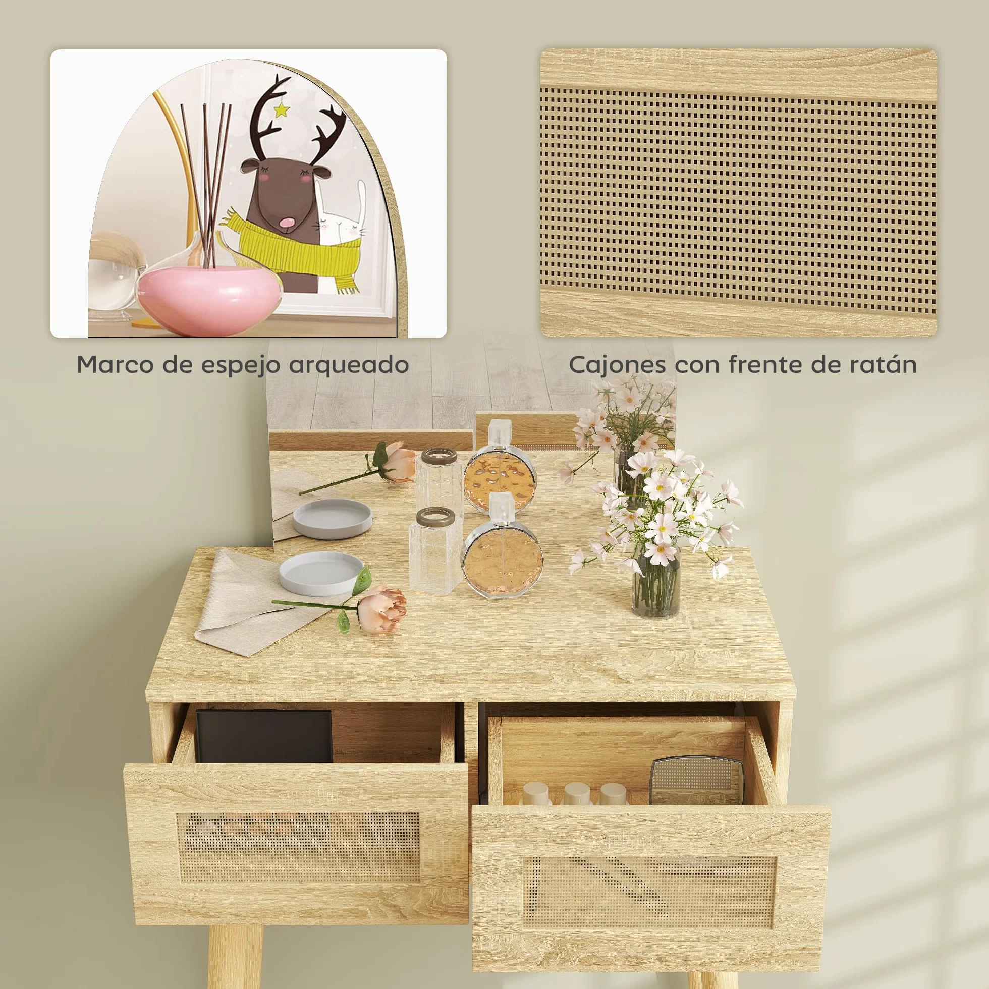 HOMCOM Tocador con Espejo Arqueado, Mesa de Maquillaje Moderna con 2 Cajones con Frontal de Ratán, Tocador de Maquillaje para Dormitorio, Espacios Pequeños, Natural