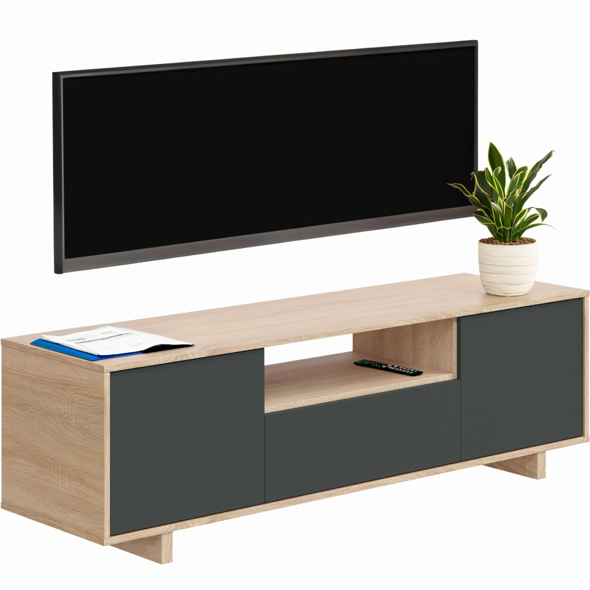 Habitdesign Modulo TV, Mueble de Salon, Juego de Muebles, Modelo Zaira, Acabado en Roble Canadian y Gris Antracita, Medidas: 150 cm (Ancho) x 46 cm (Alto) 41 cm (Fondo)