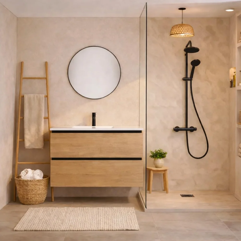 Baikal Mueble de Baño Lia. Mueble MONTADO. 2 Cajones Suspendido con Lavabo Ceramico. Armario de Baño. Cierre Amortiguado. Altura 64cm. 90cm. Negro - Nature