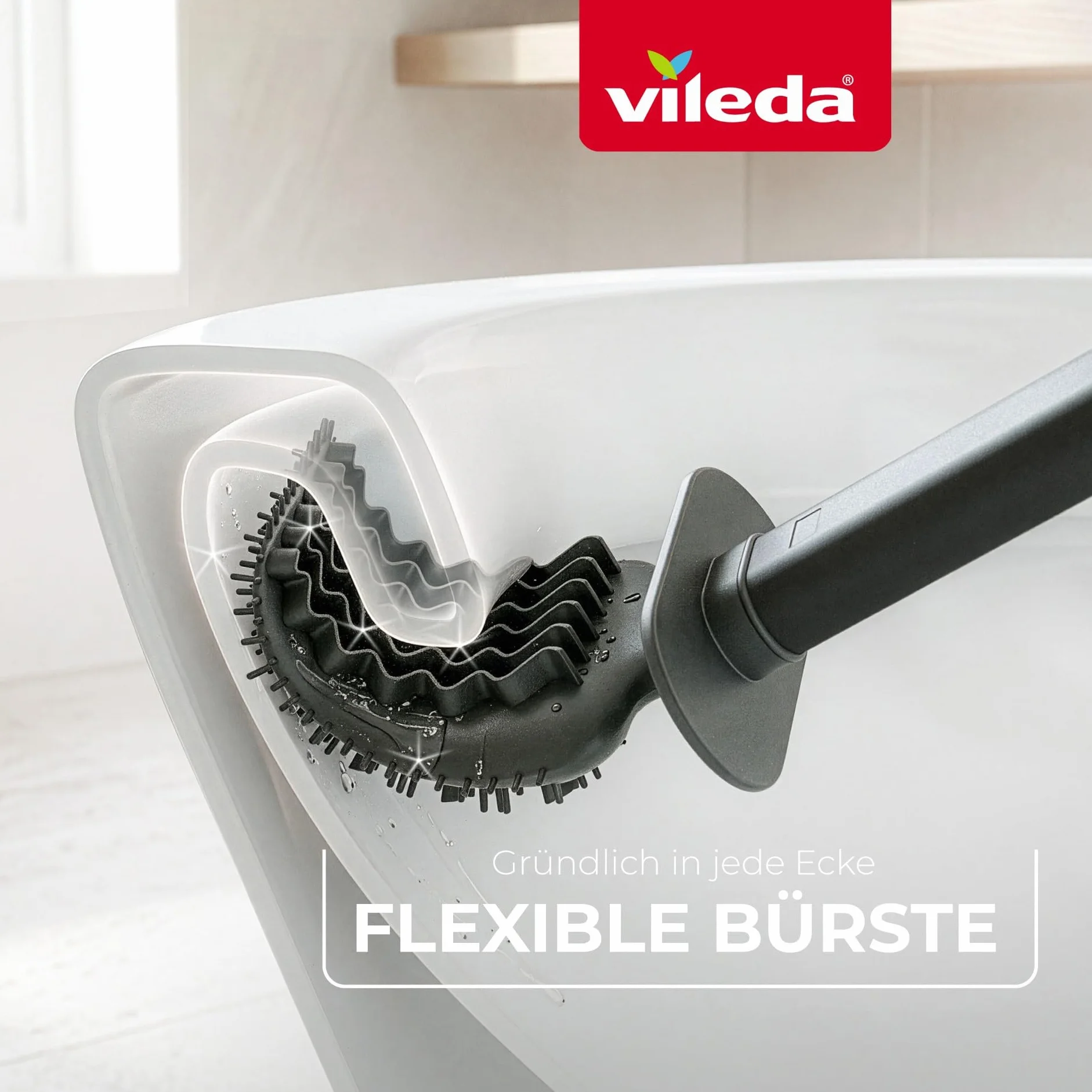 Vileda Cepillo WC de Silicona con Cabezal Flexible y Mango de Acero Inoxidable – Escobilla WC 2 Zonas de Limpieza Higiénico