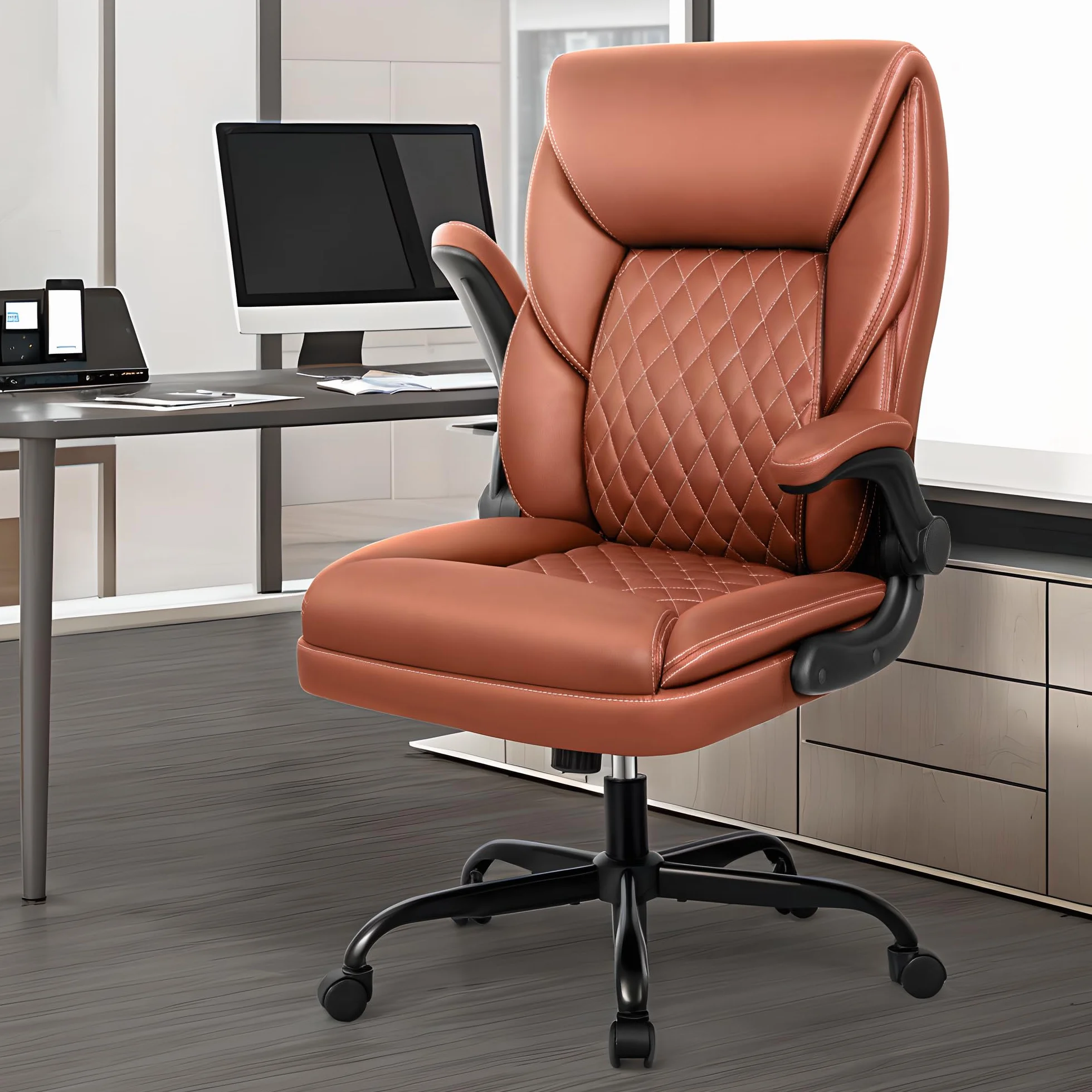 Silla Escritorio Cuero PU, Silla Oficina Ejecutiva Ergonómica con Función Balancín Regulable en Altura Silla de Escritorio 150KG, Marrón