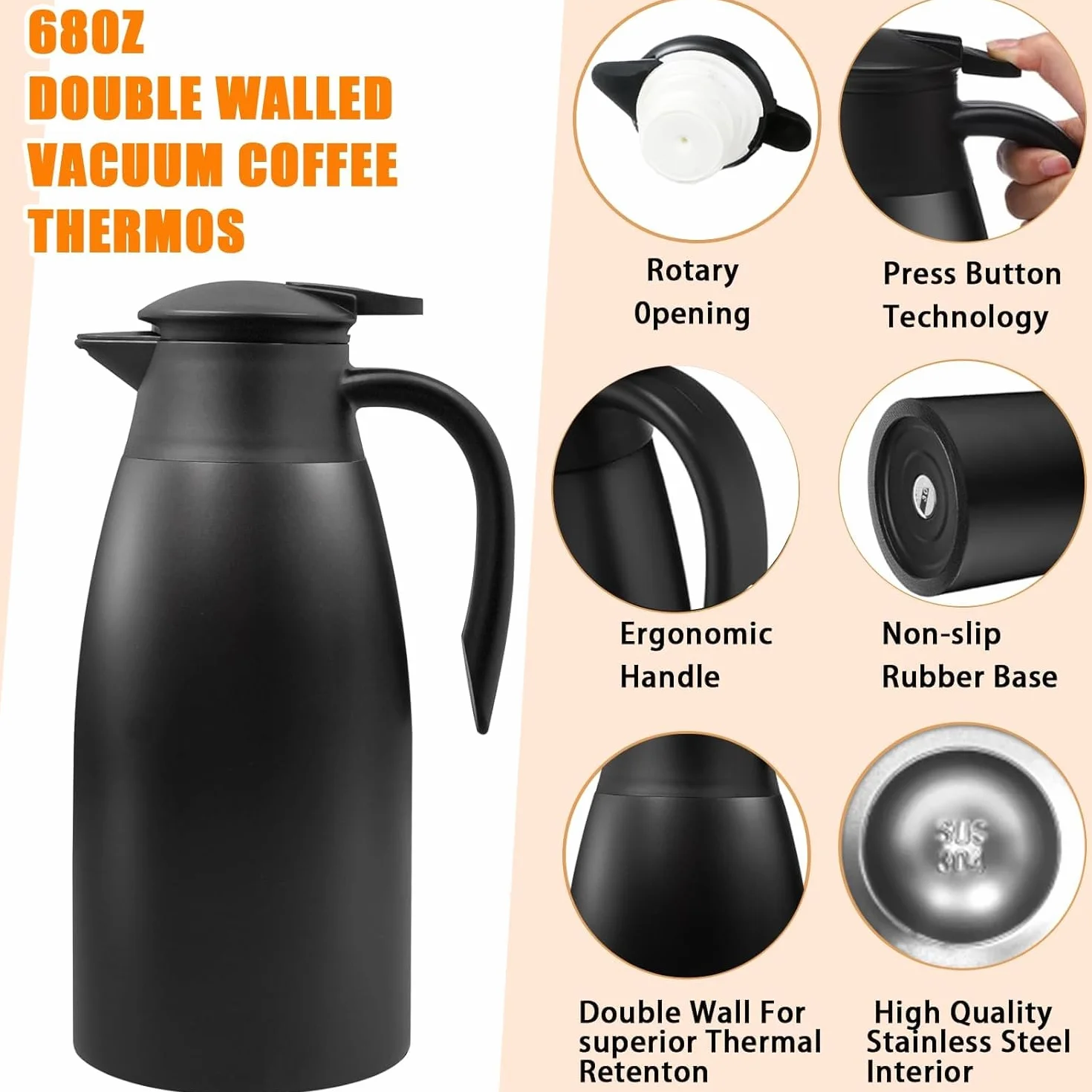 2 jarras térmicas de café de 2 litros aisladas de acero inoxidable para líquidos calientes, dispensador de crema térmica al vacío con cepillos que mantienen el calor 12 horas (negro)